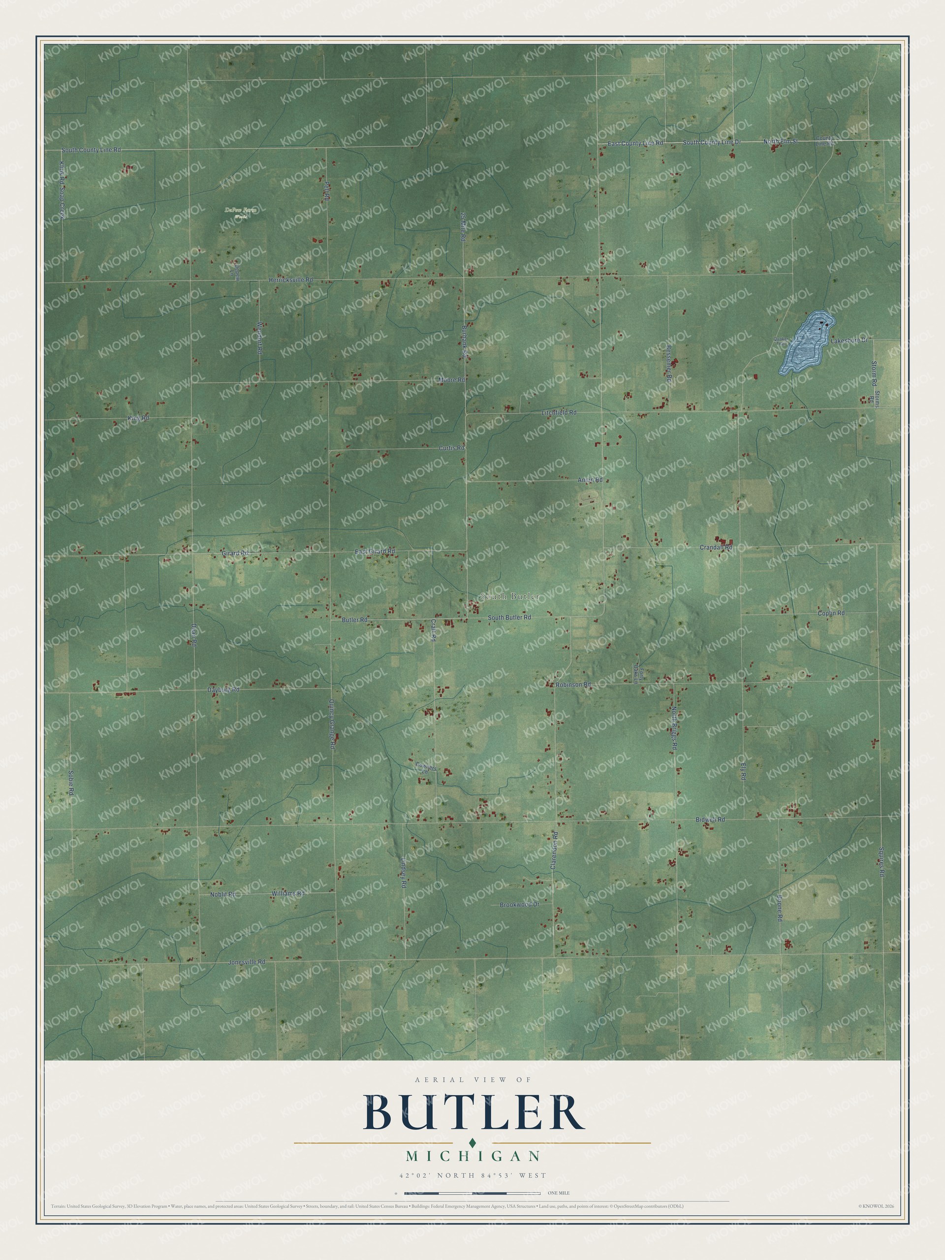 Full map of Butler, Michigan, with red buildings, printed street names and the land around them