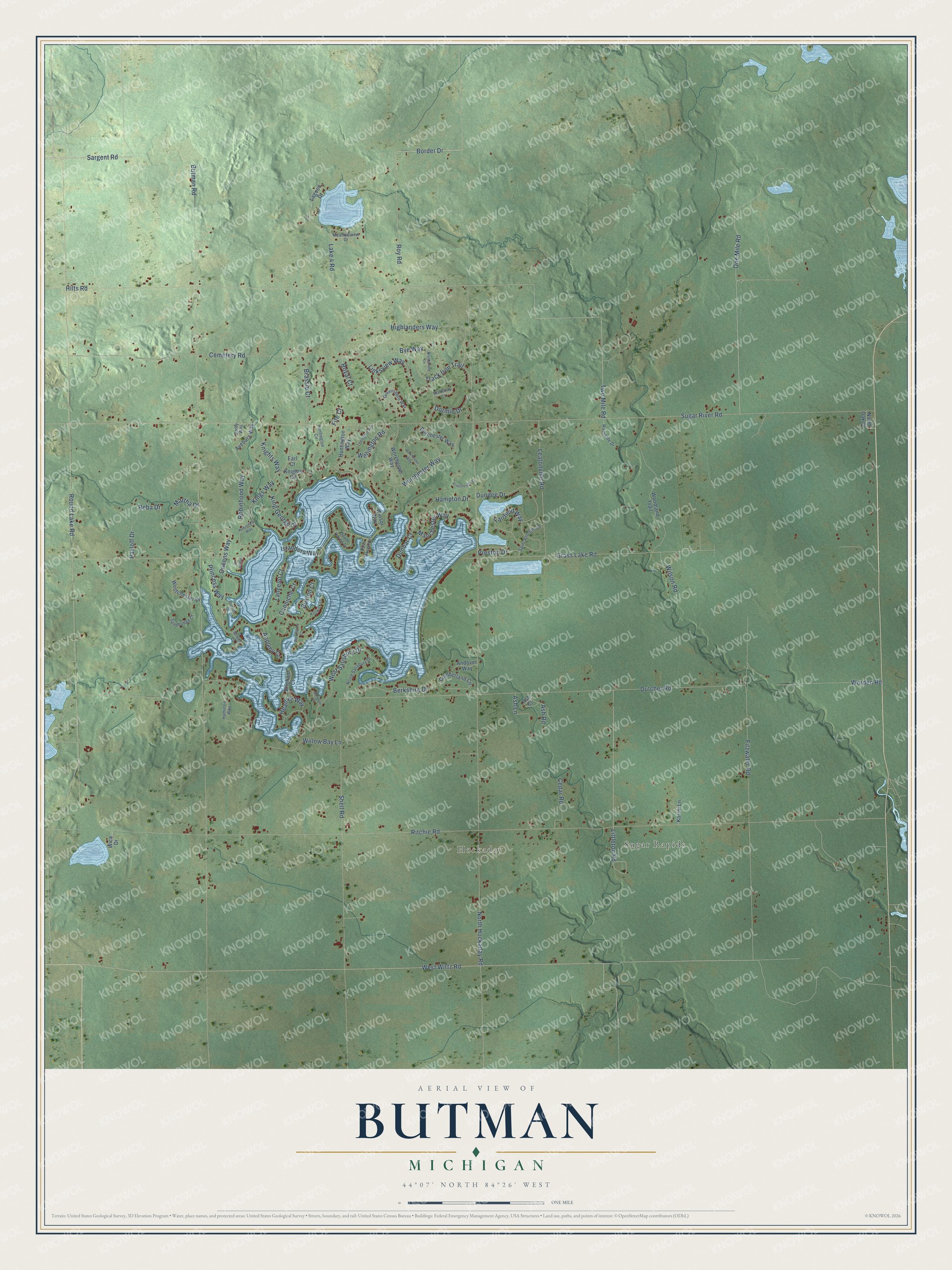 Full map of Butman, Michigan, with red buildings, printed street names and the land around them