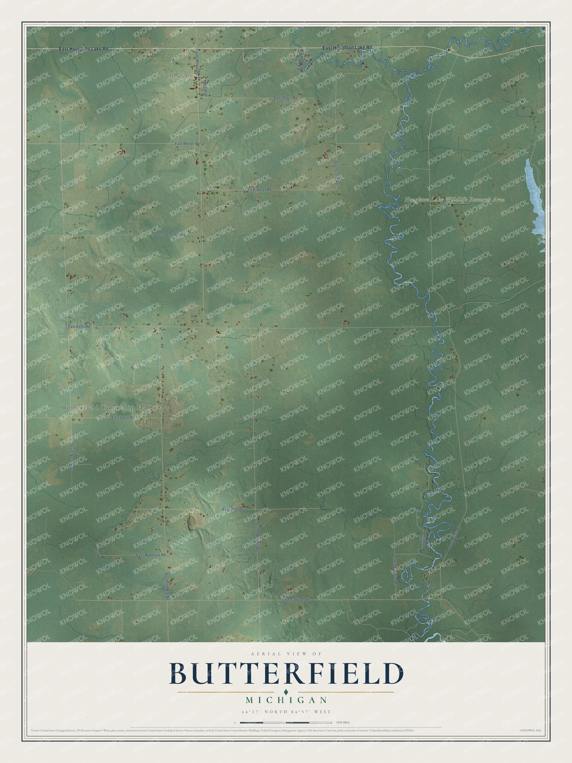 Full map of Butterfield, Michigan, with red buildings, printed street names and the land around them