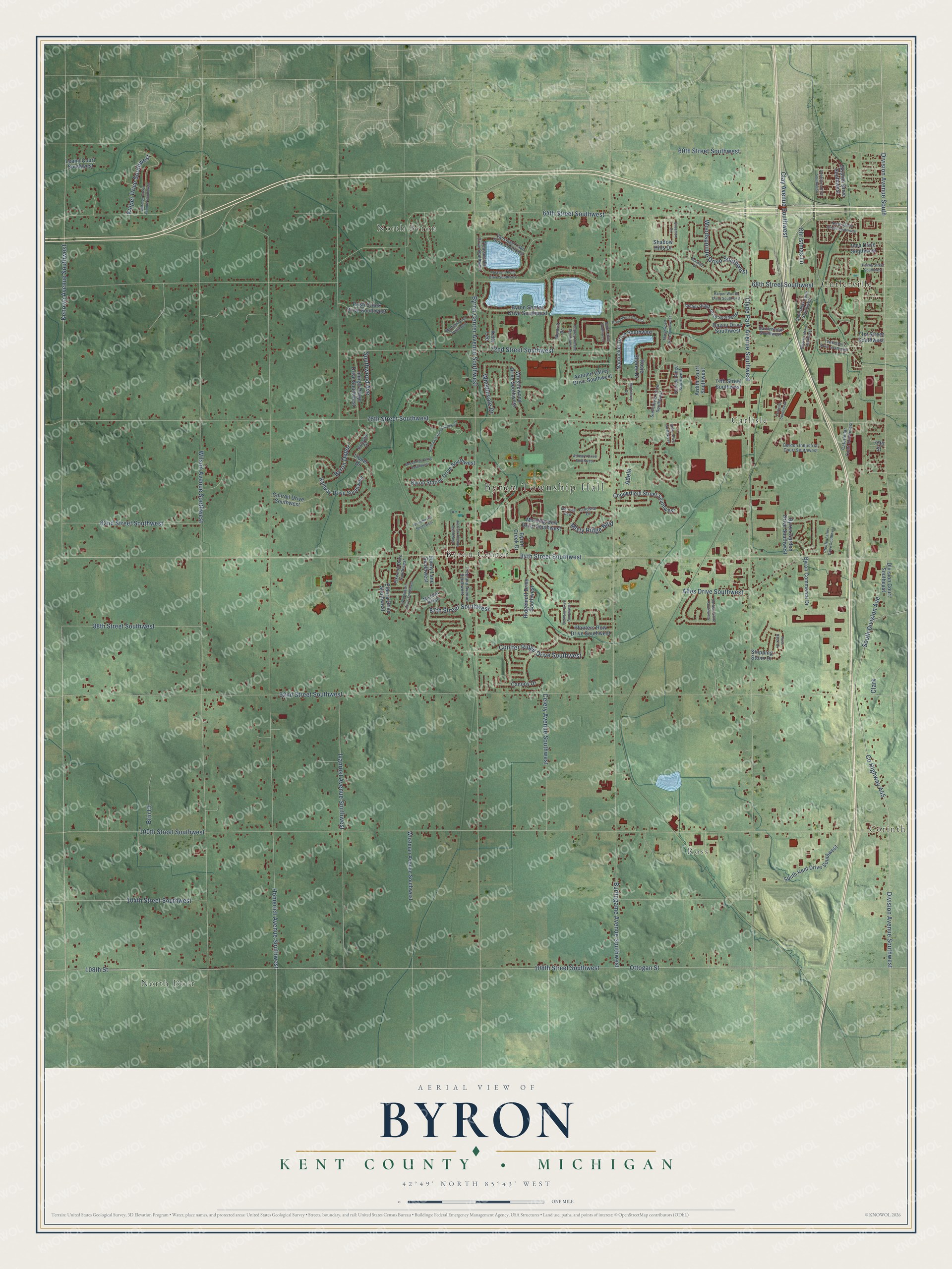 Full map of Byron, Michigan, with red buildings, printed street names and the land around them