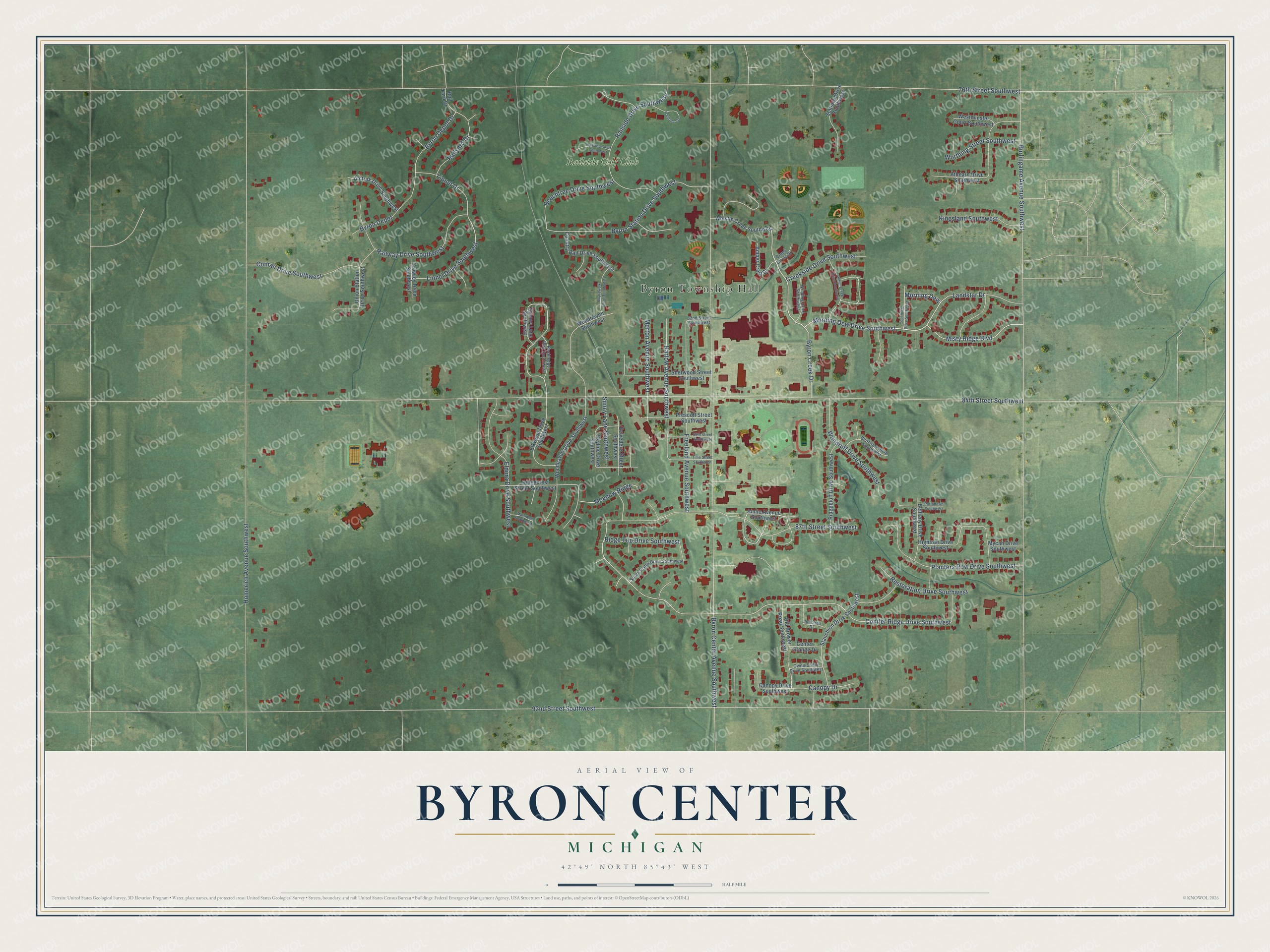 Full map of Byron Center, Michigan, with red buildings, printed street names and the land around them