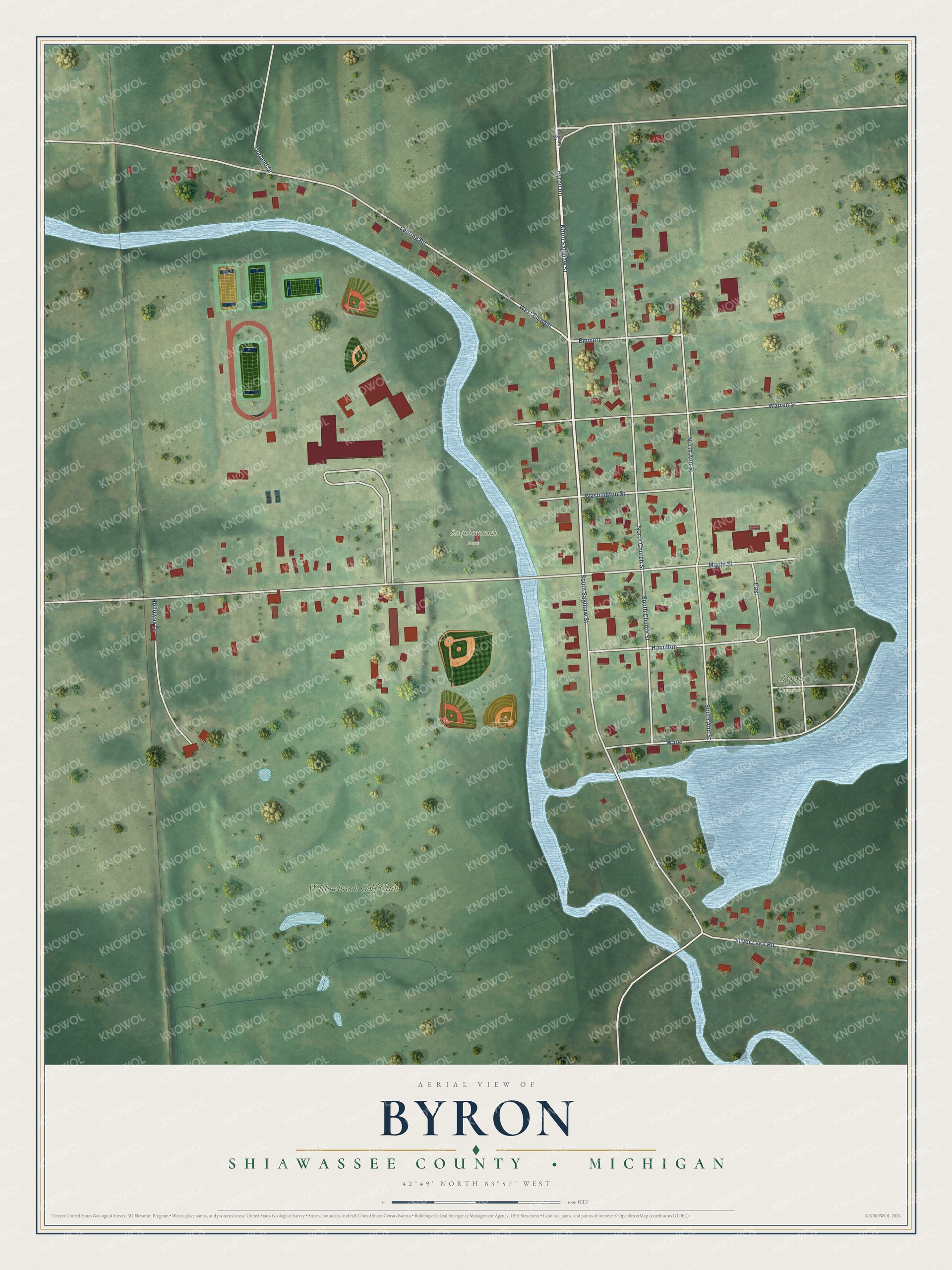 Full map of Byron, Michigan, with red buildings, printed street names and the land around them