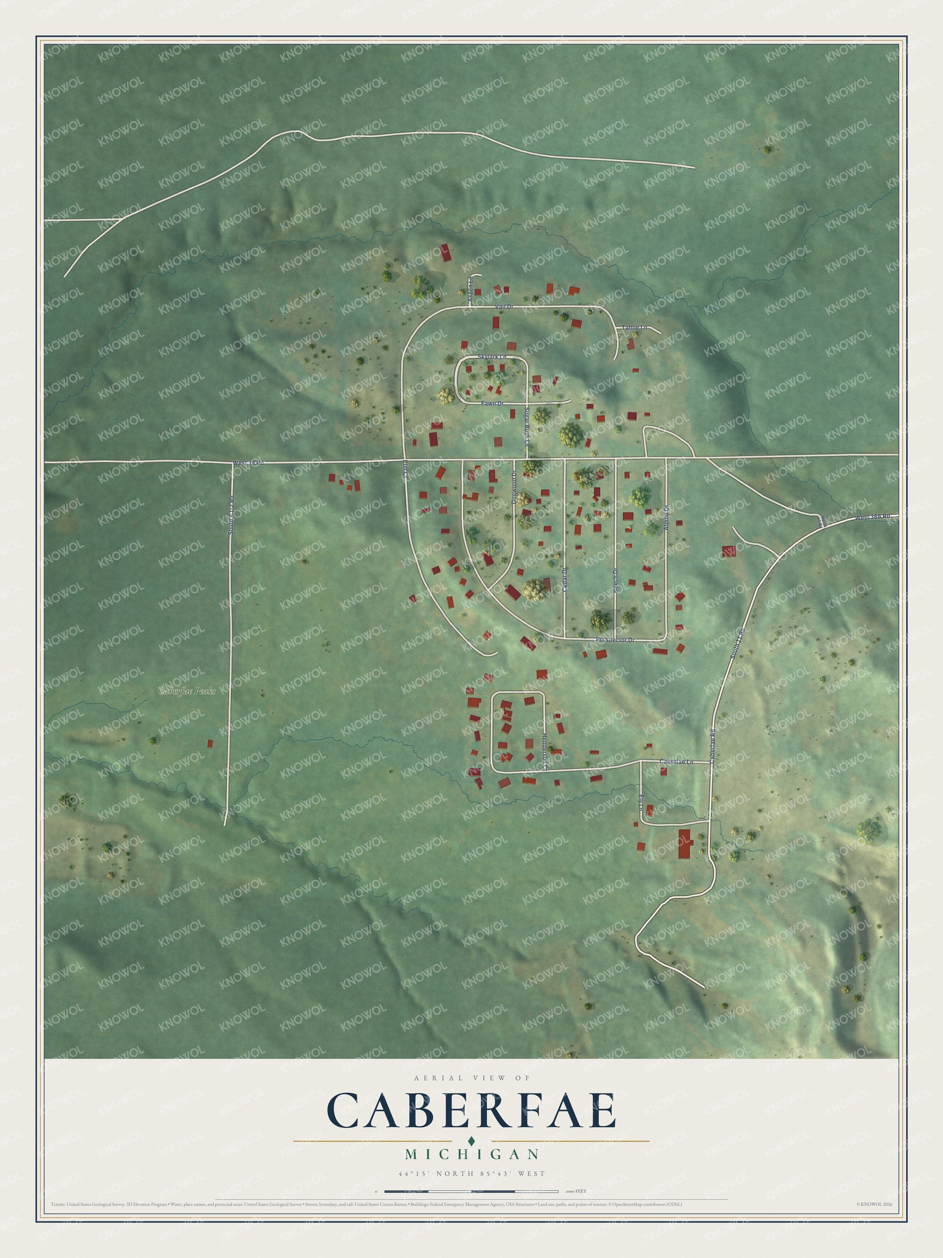 Full map of Caberfae, Michigan, with red buildings, printed street names and the land around them