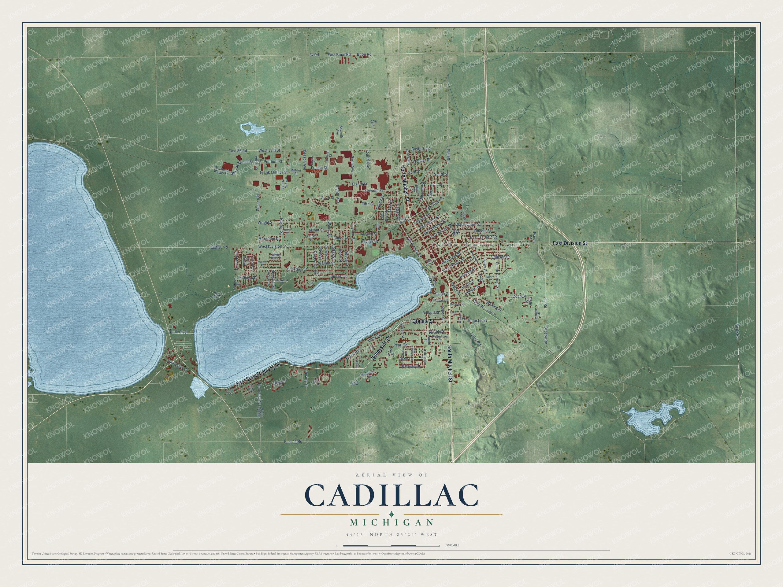 Full map of Cadillac, Michigan, with red buildings, printed street names and the land around them