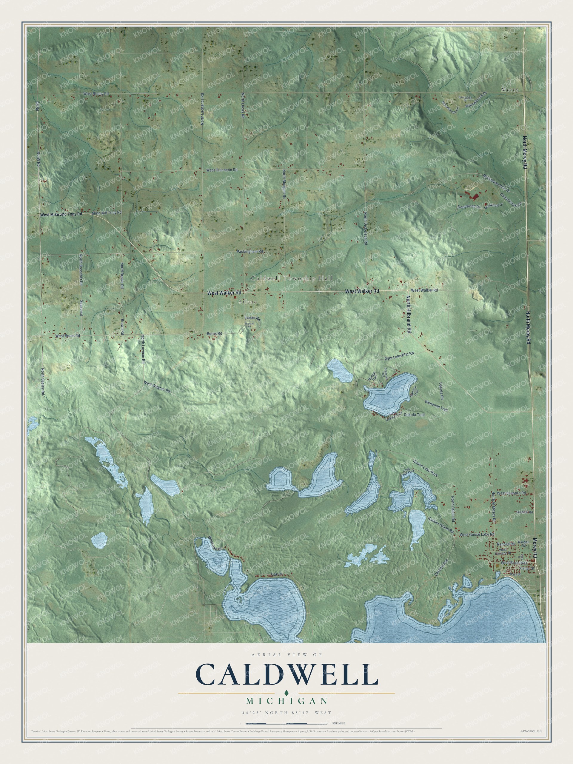 Full map of Caldwell, Michigan, with red buildings, printed street names and the land around them