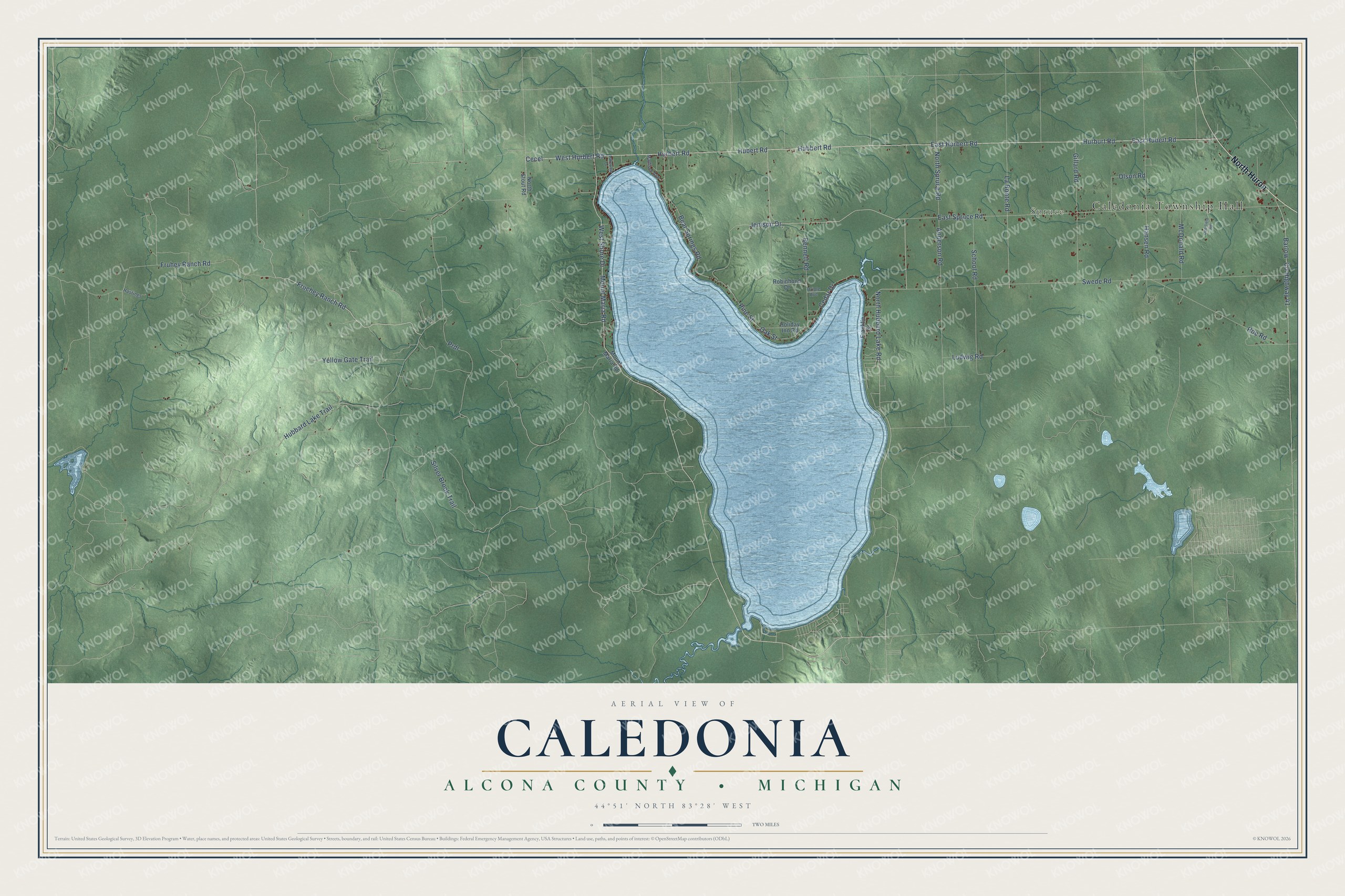 Full map of Caledonia, Michigan, with red buildings, printed street names and the land around them