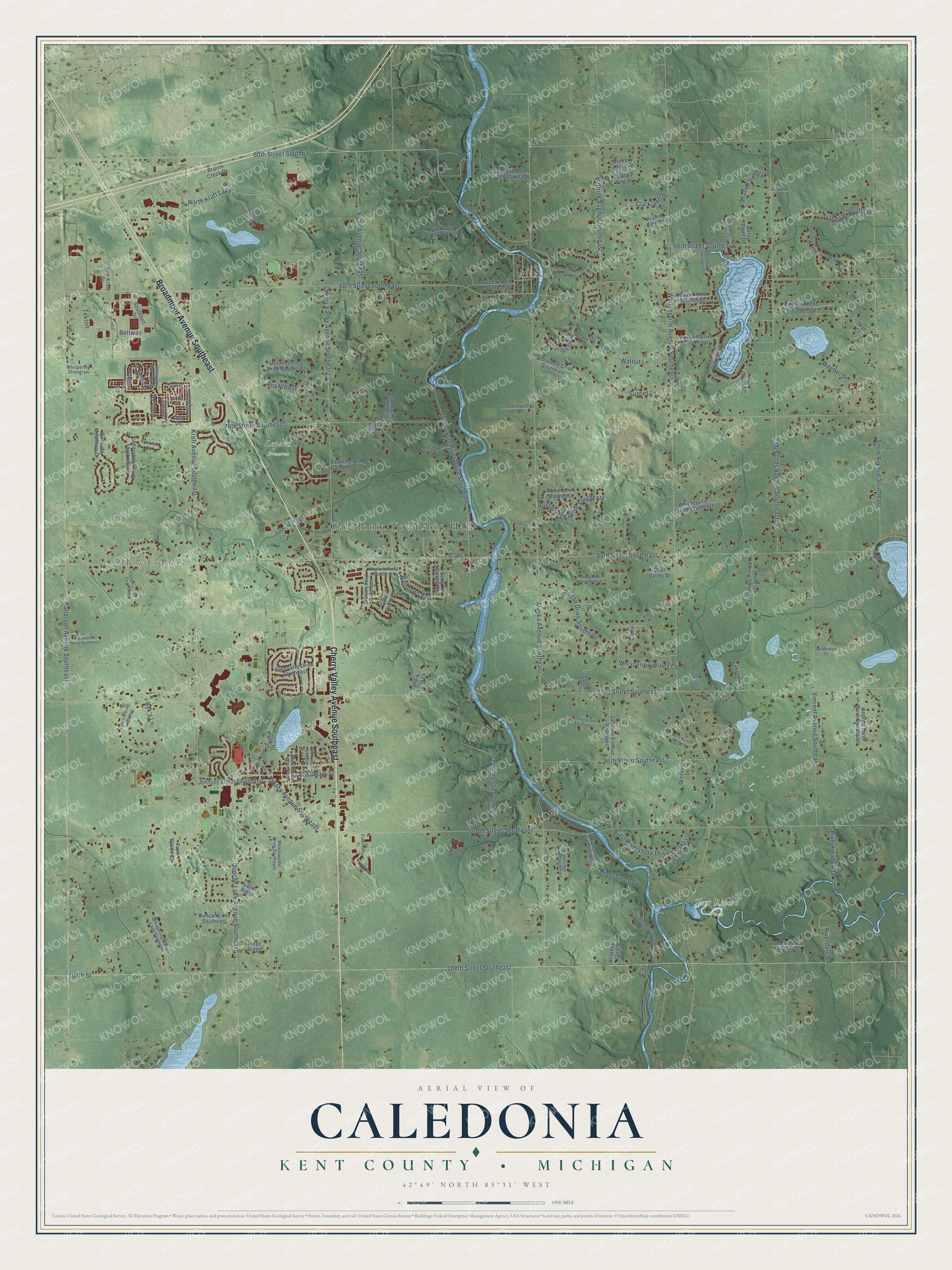 Full map of Caledonia, Michigan, with red buildings, printed street names and the land around them