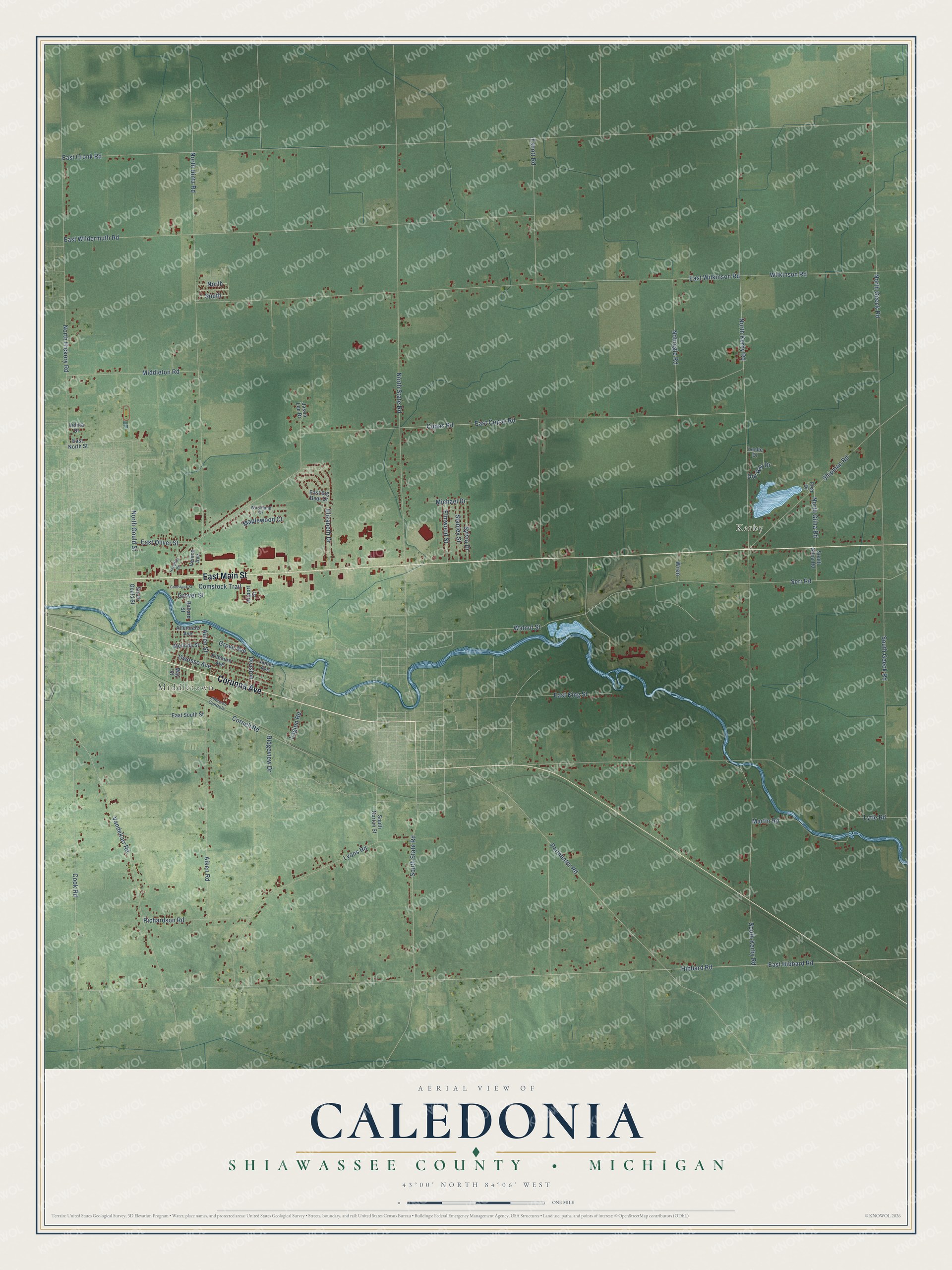Full map of Caledonia, Michigan, with red buildings, printed street names and the land around them