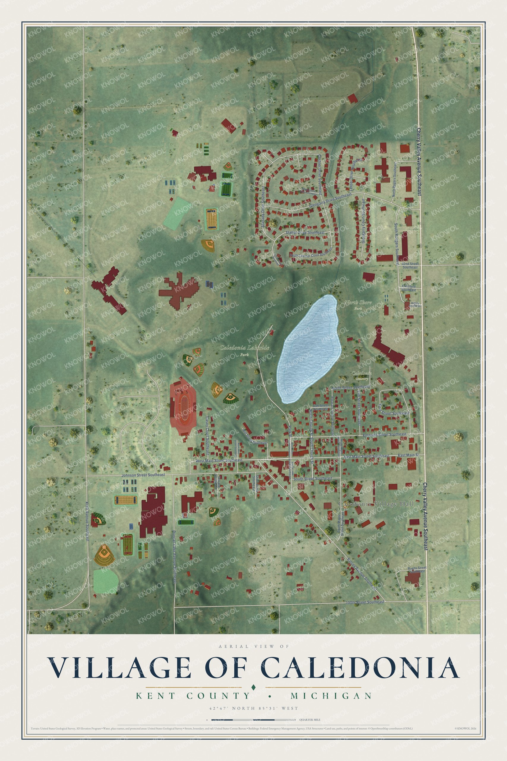 Full map of Caledonia, Michigan, with red buildings, printed street names and the land around them