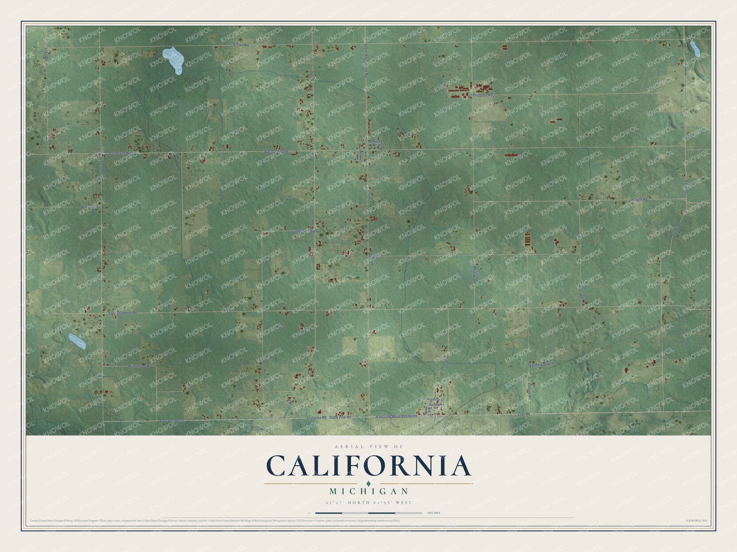 Full map of California, Michigan, with red buildings, printed street names and the land around them