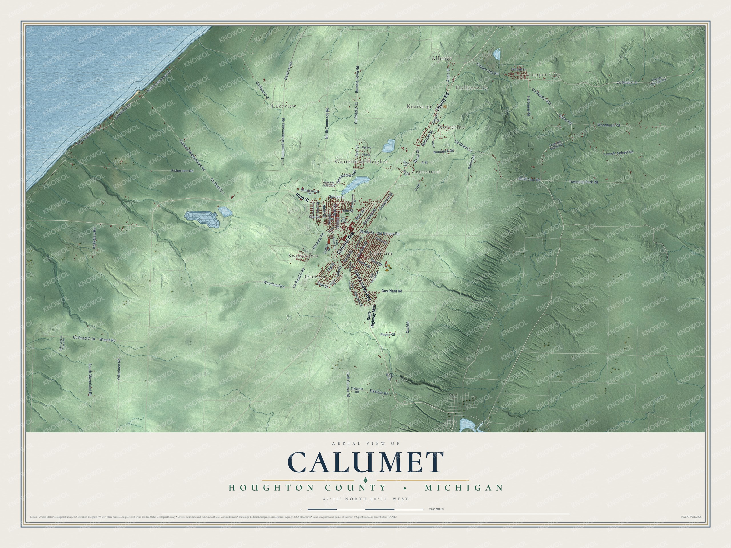 Full map of Calumet, Michigan, with red buildings, printed street names and the land around them