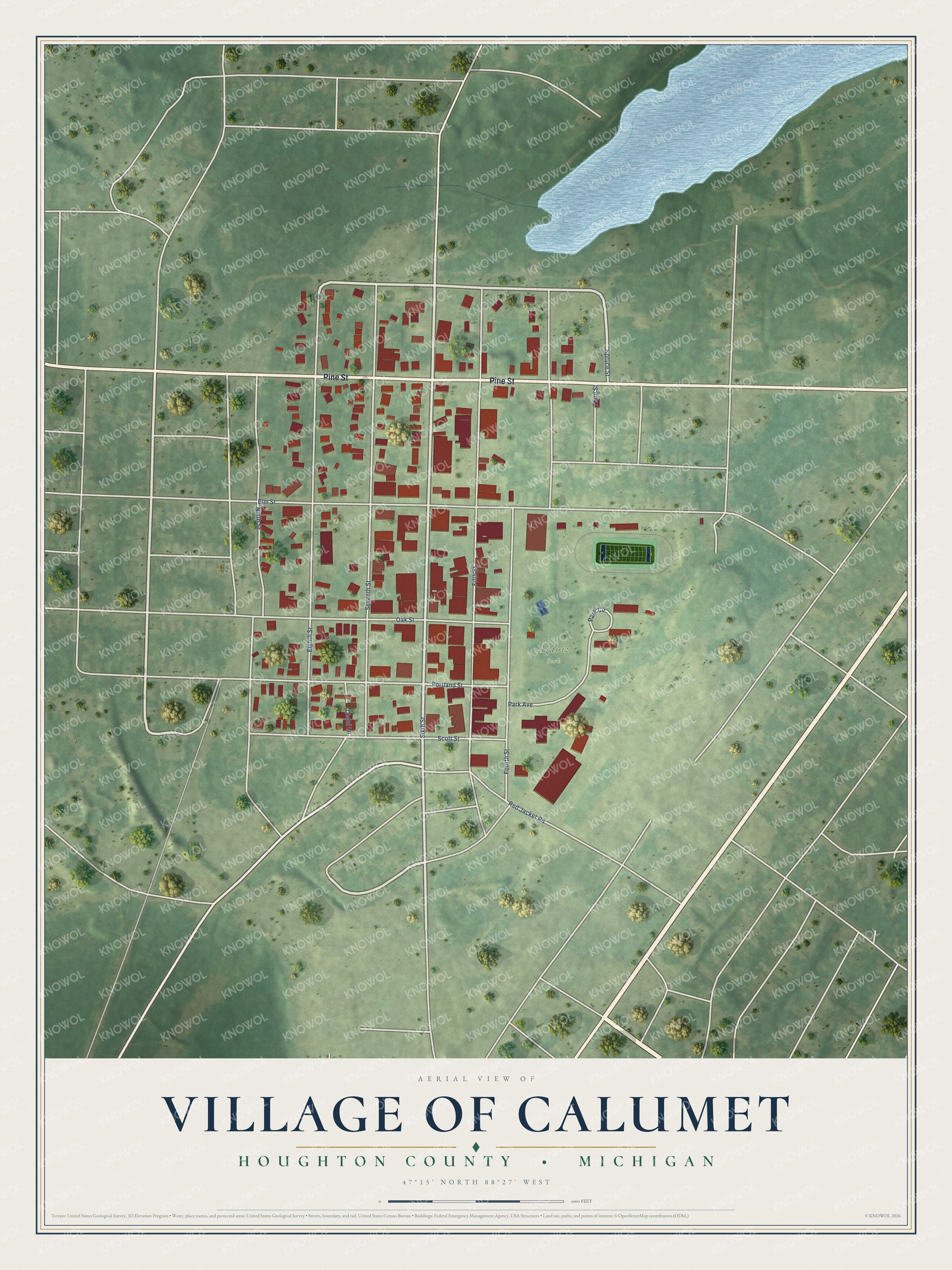 Full map of Calumet, Michigan, with red buildings, printed street names and the land around them