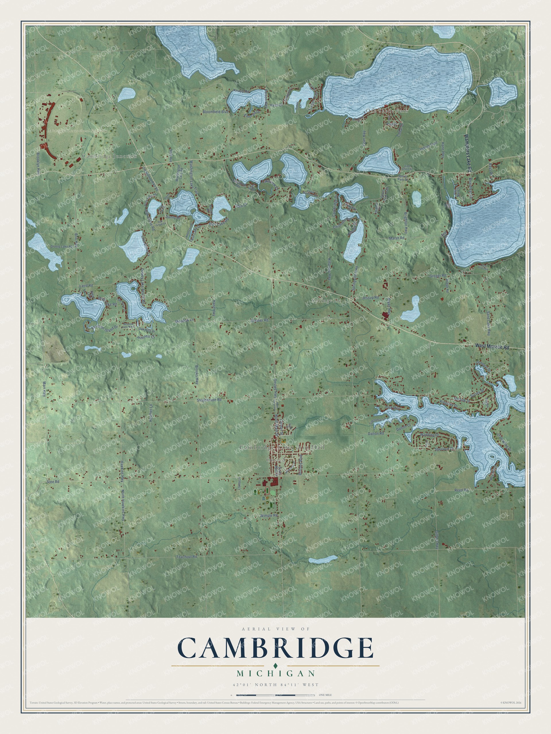 Full map of Cambridge, Michigan, with red buildings, printed street names and the land around them
