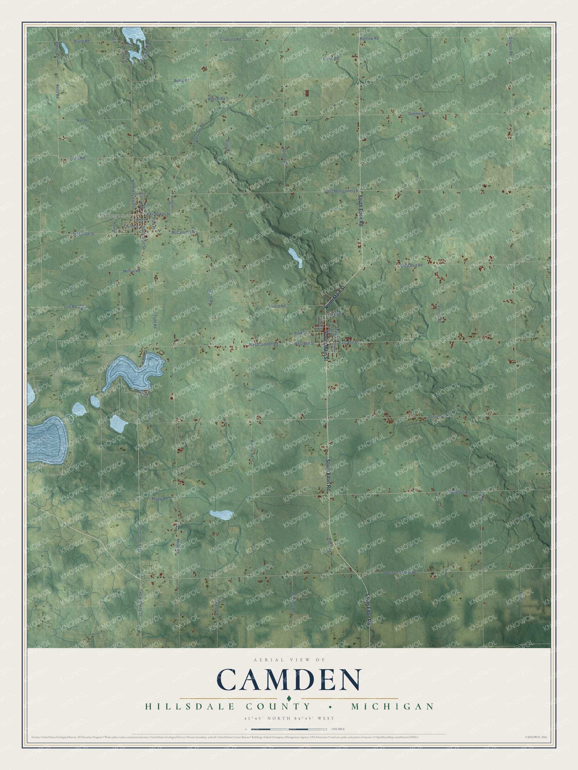 Full map of Camden, Michigan, with red buildings, printed street names and the land around them