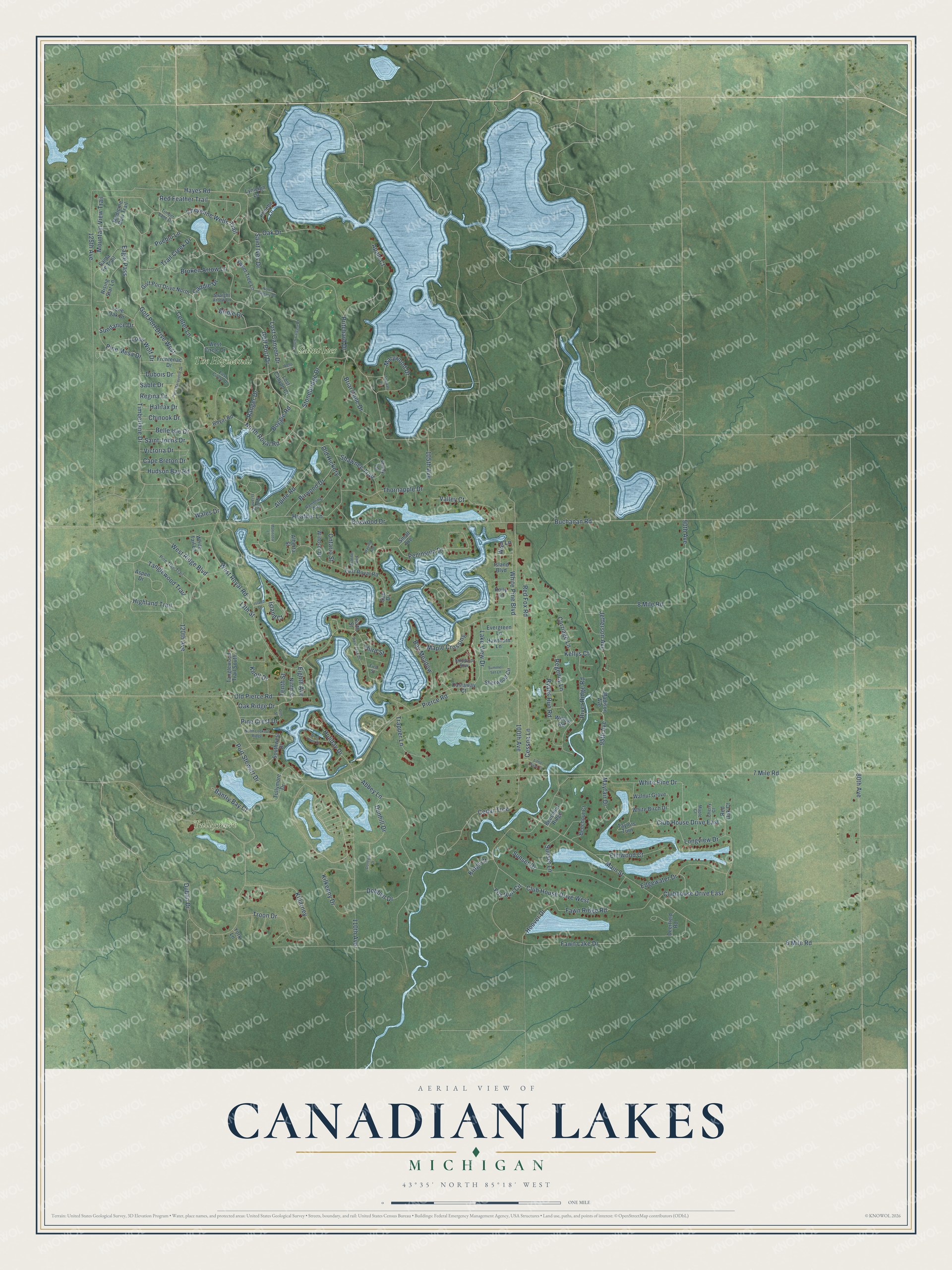 Full map of Canadian Lakes, Michigan, with red buildings, printed street names and the land around them