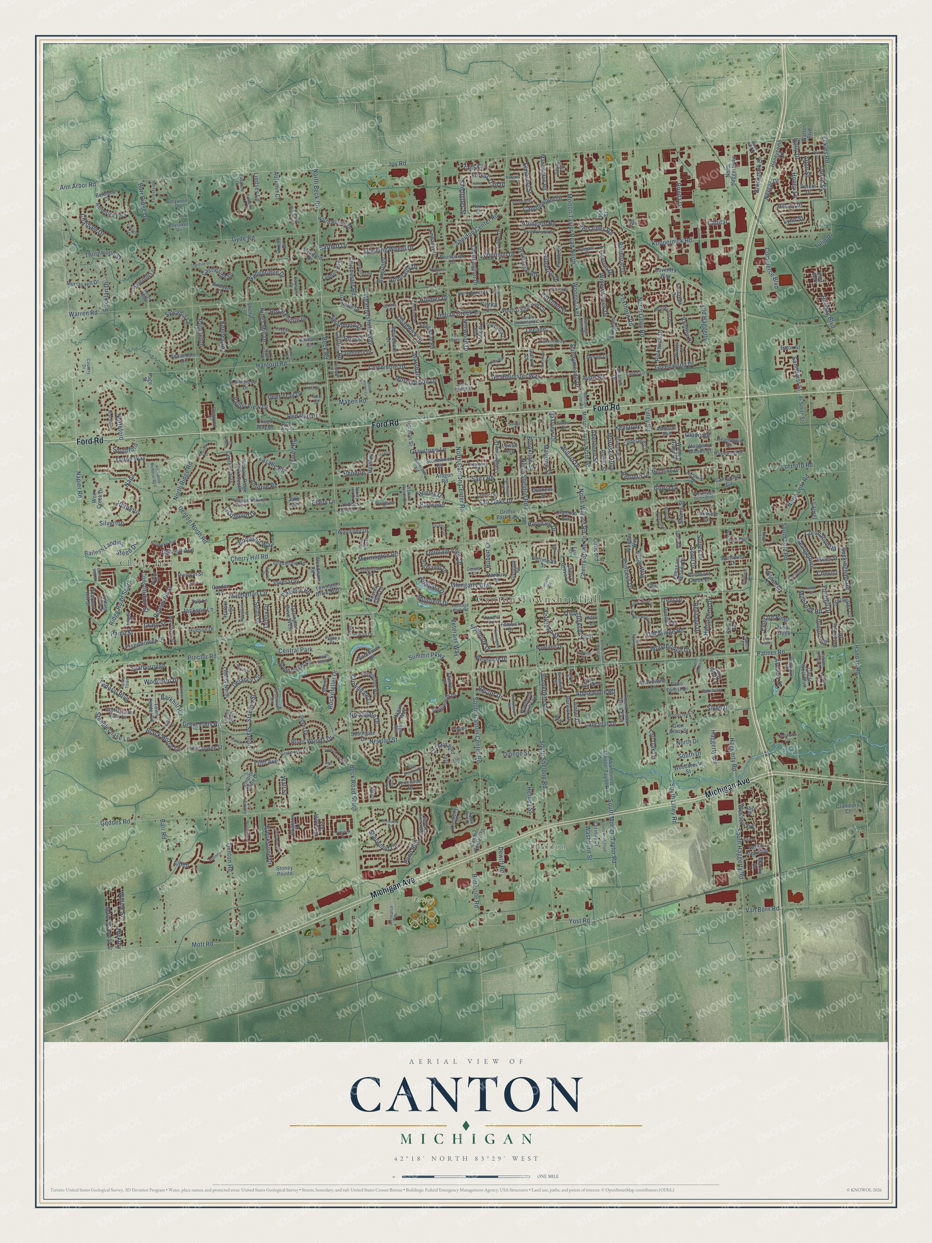 Full map of Canton, Michigan, with red buildings, printed street names and the land around them