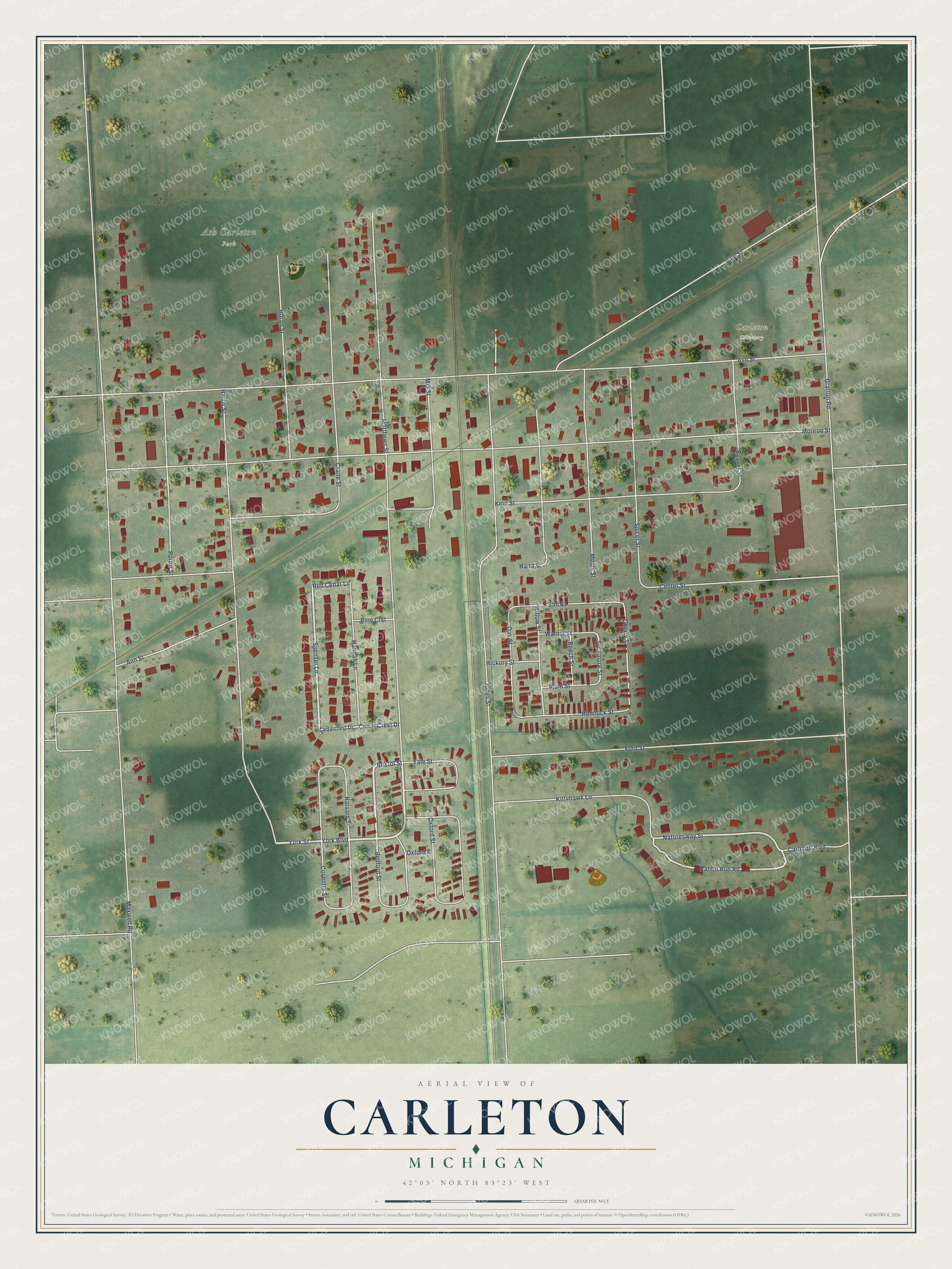 Full map of Carleton, Michigan, with red buildings, printed street names and the land around them