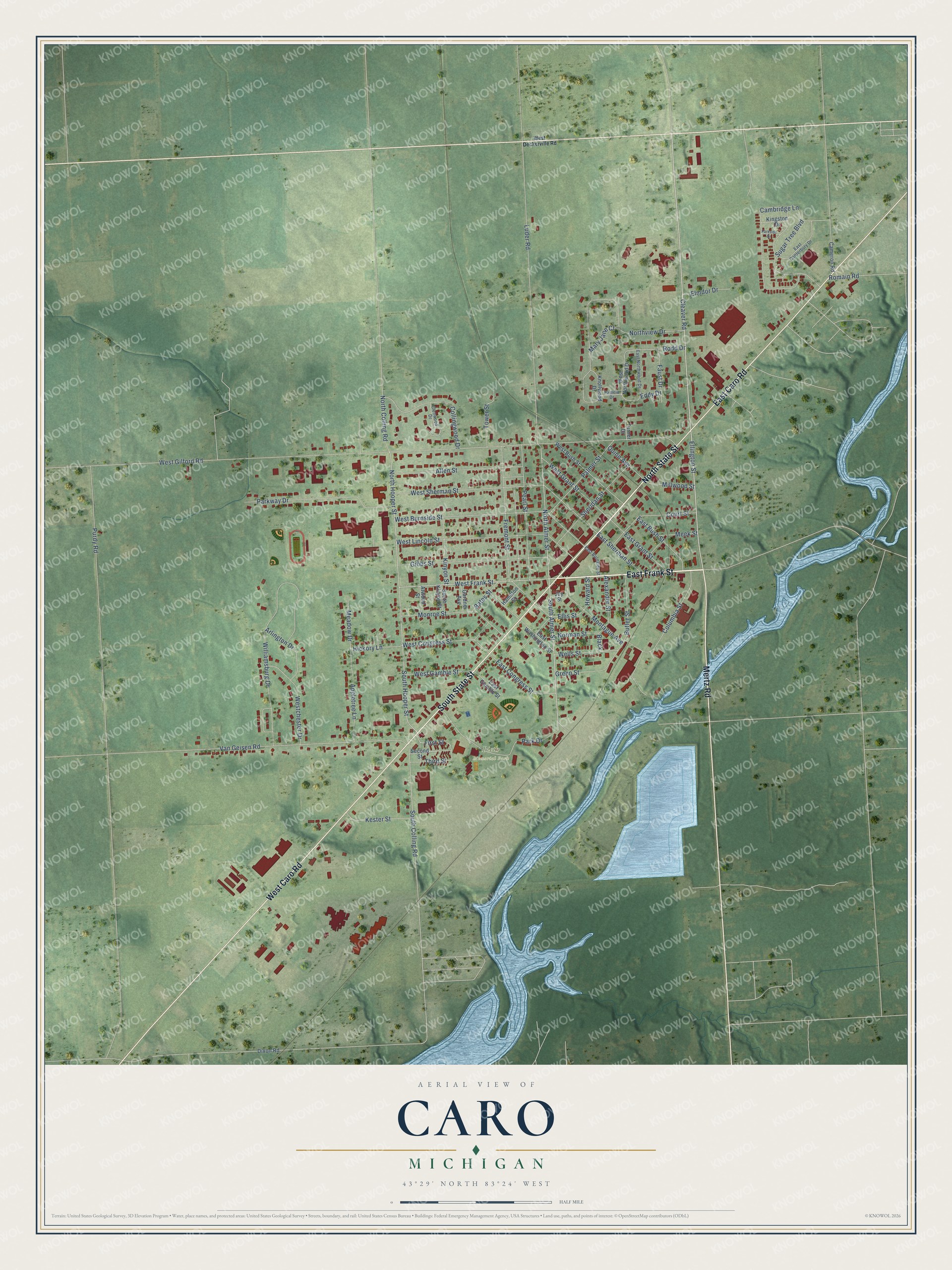 Full map of Caro, Michigan, with red buildings, printed street names and the land around them