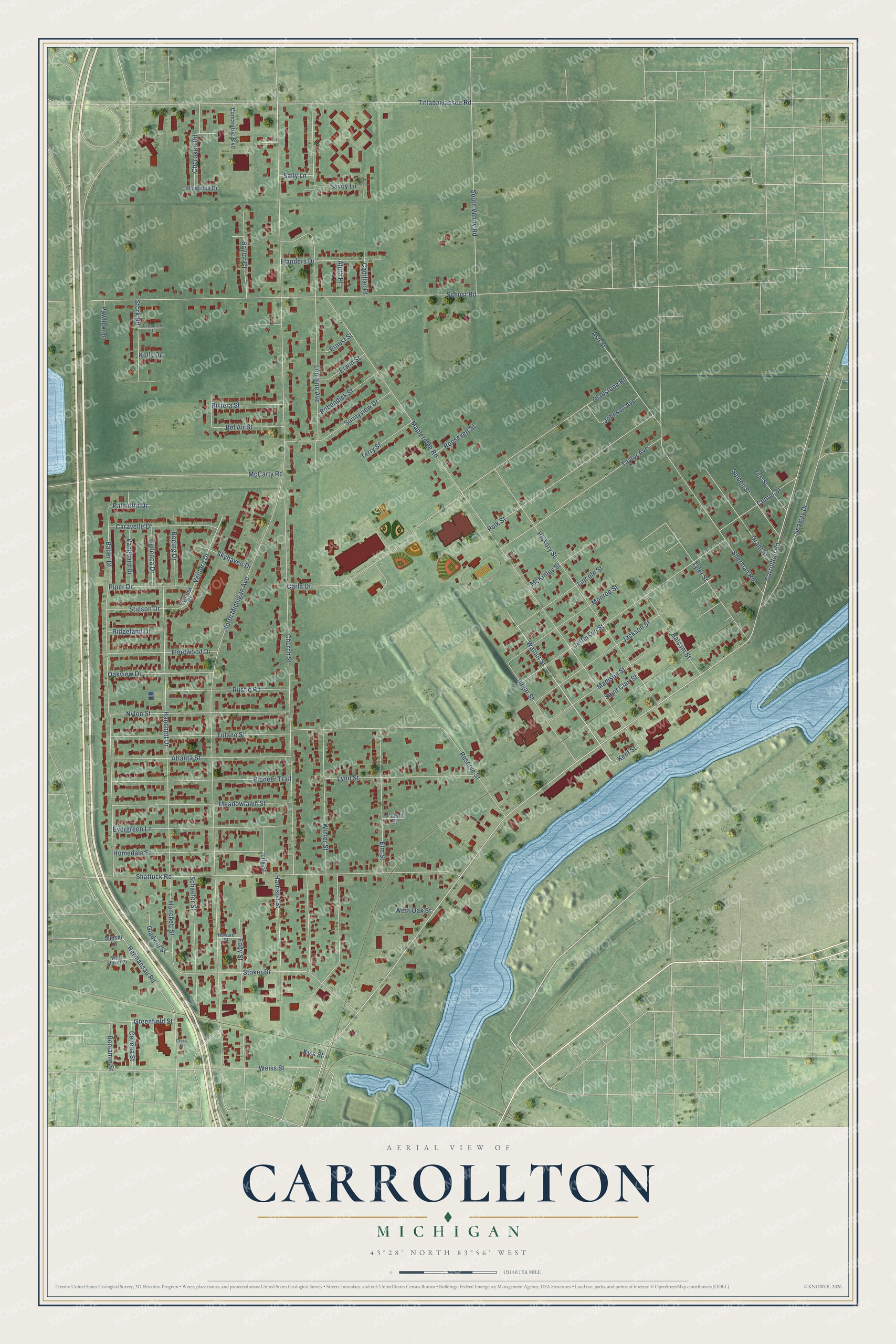 Full map of Carrollton, Michigan, with red buildings, printed street names and the land around them