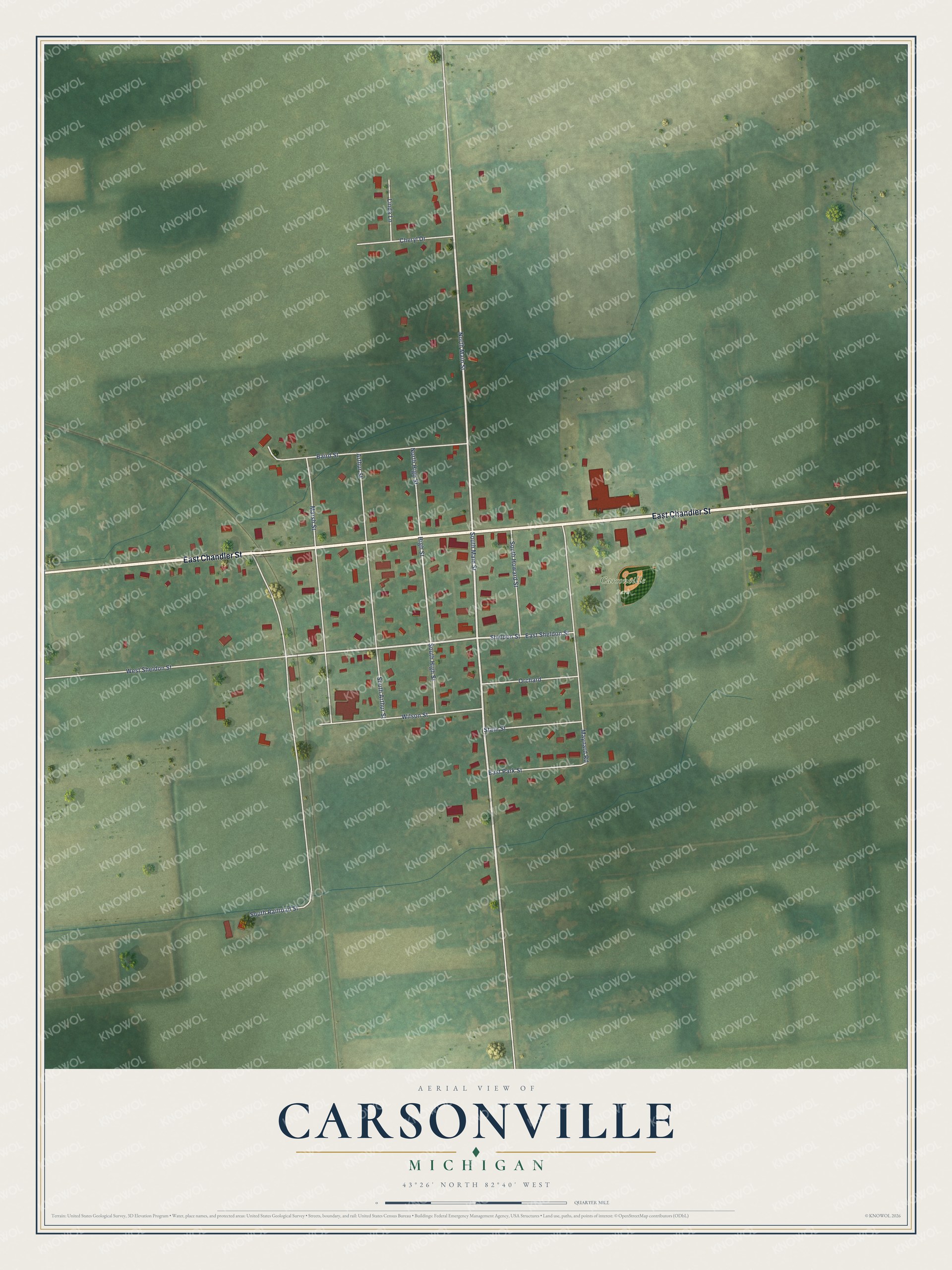 Full map of Carsonville, Michigan, with red buildings, printed street names and the land around them