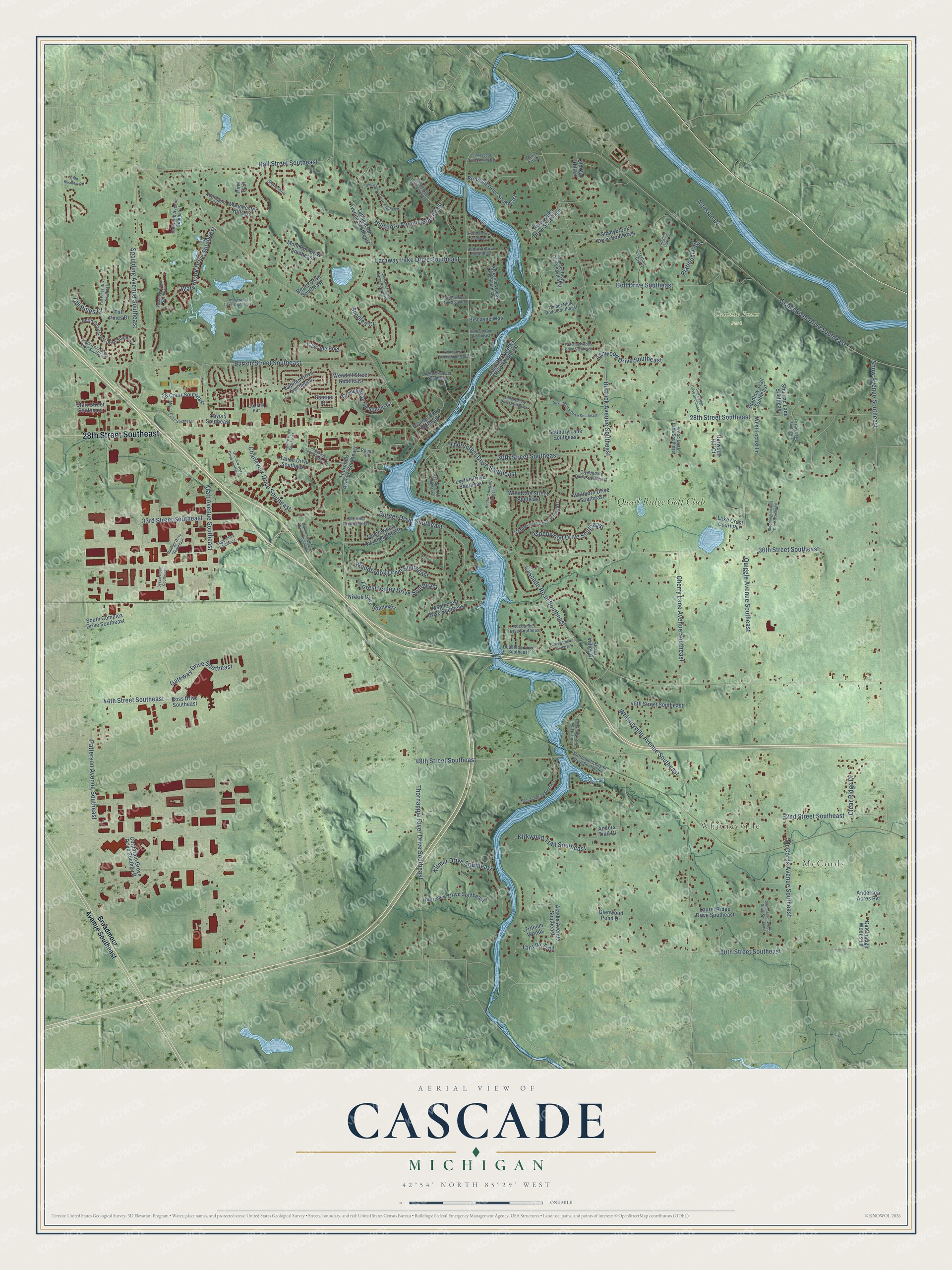 Full map of Cascade, Michigan, with red buildings, printed street names and the land around them