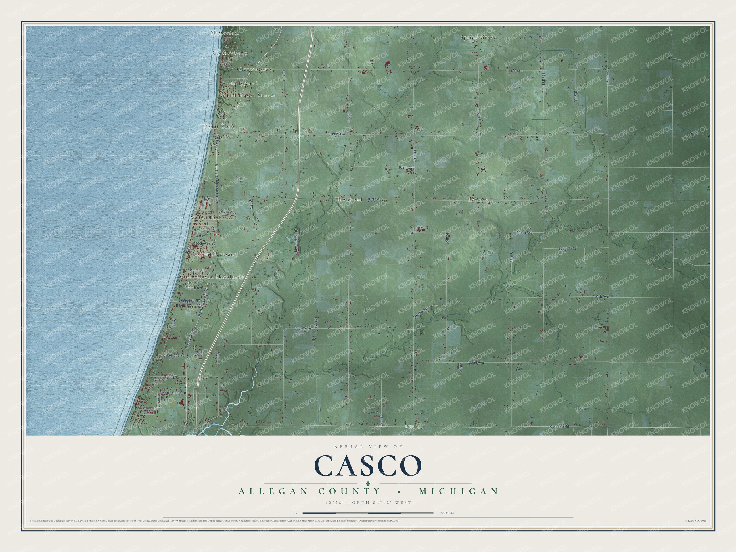 Full map of Casco, Michigan, with red buildings, printed street names and the land around them