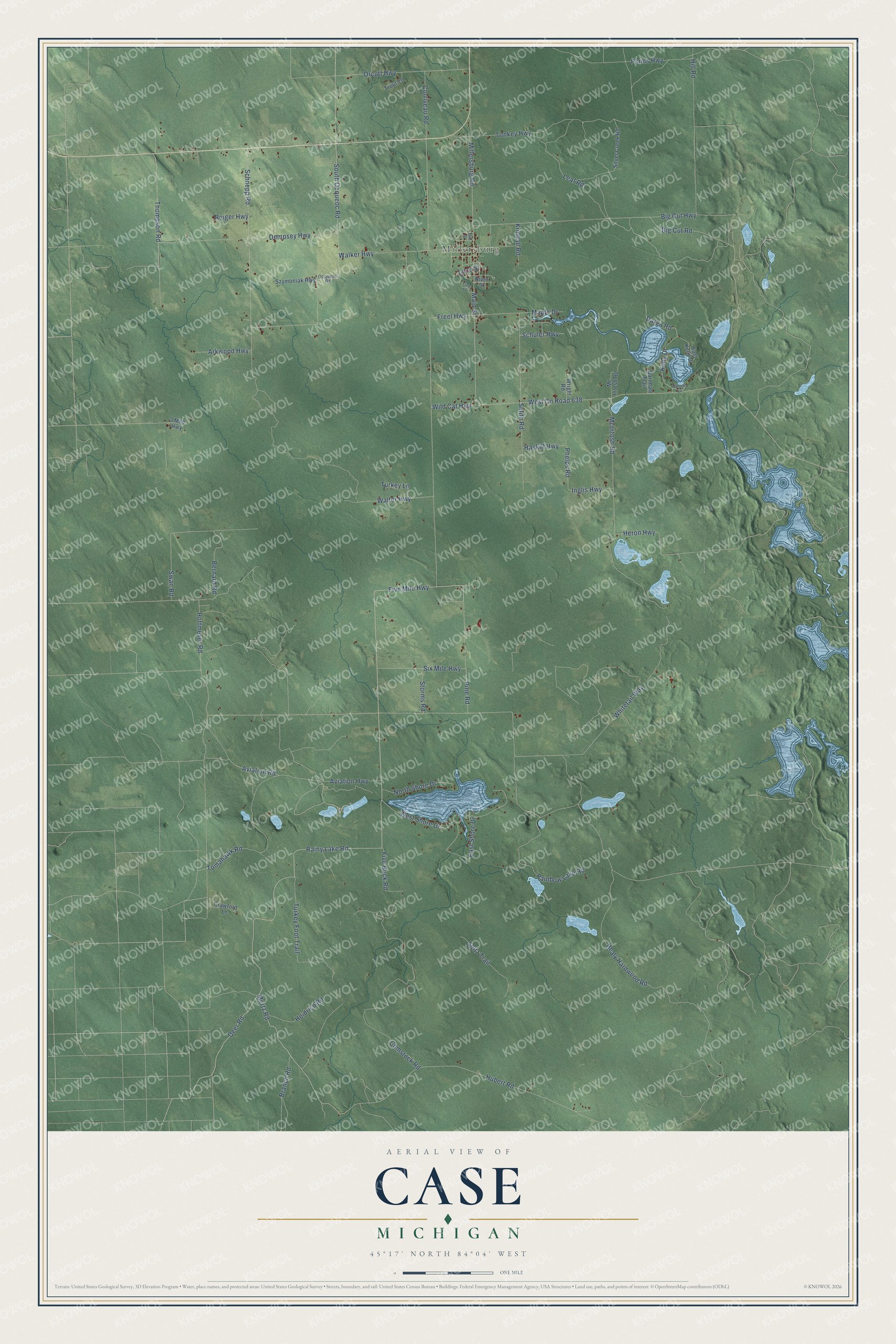 Full map of Case, Michigan, with red buildings, printed street names and the land around them