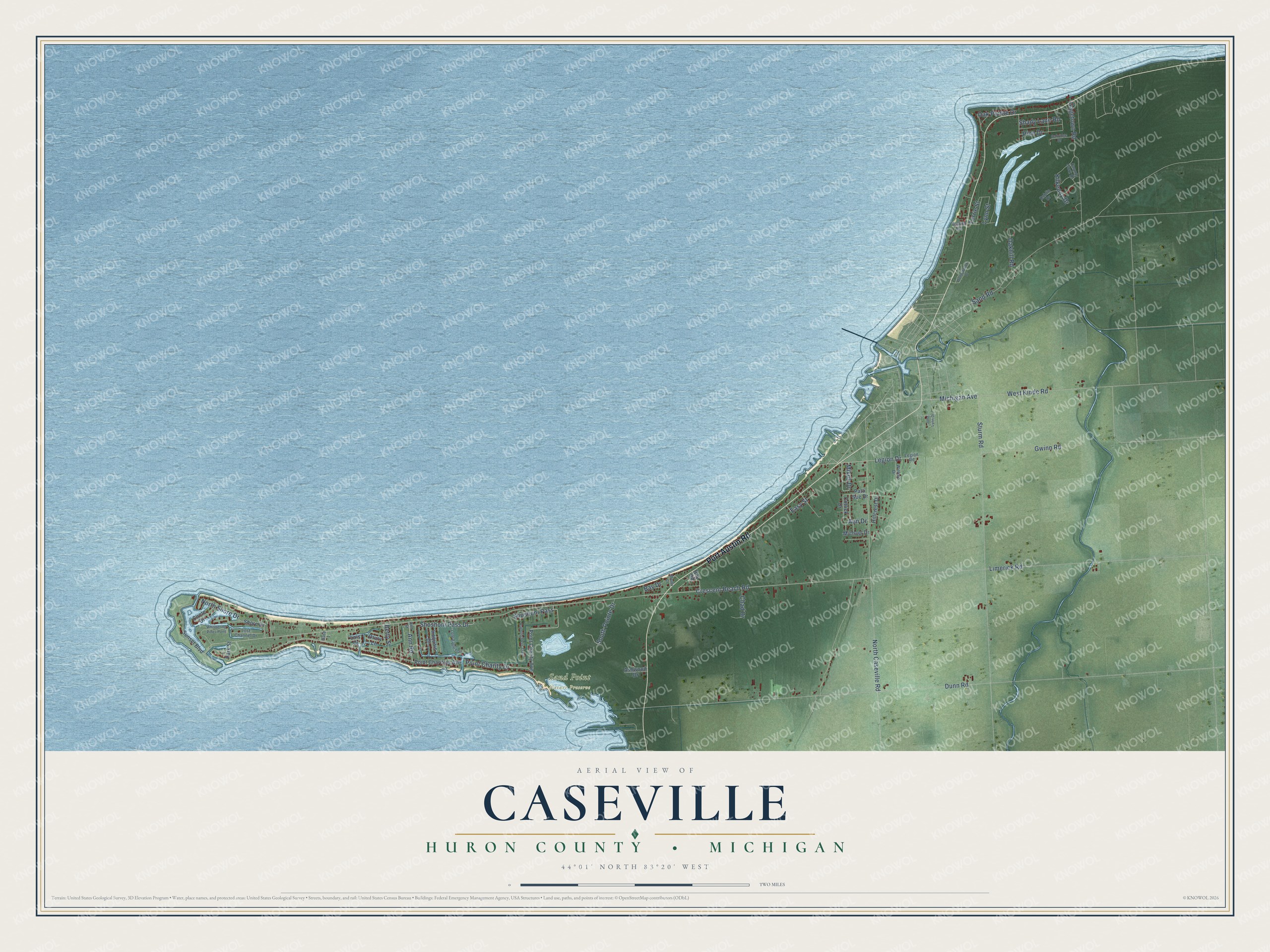 Full map of Caseville, Michigan, with red buildings, printed street names and the land around them