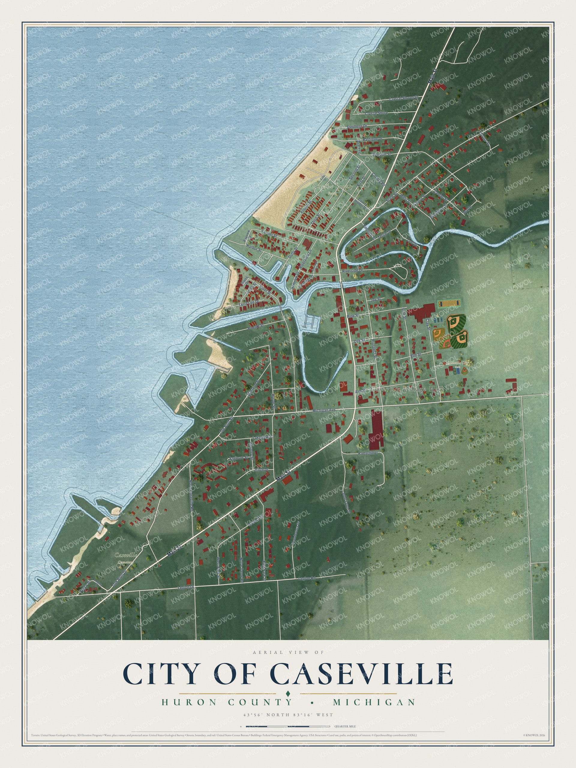 Full map of Caseville, Michigan, with red buildings, printed street names and the land around them