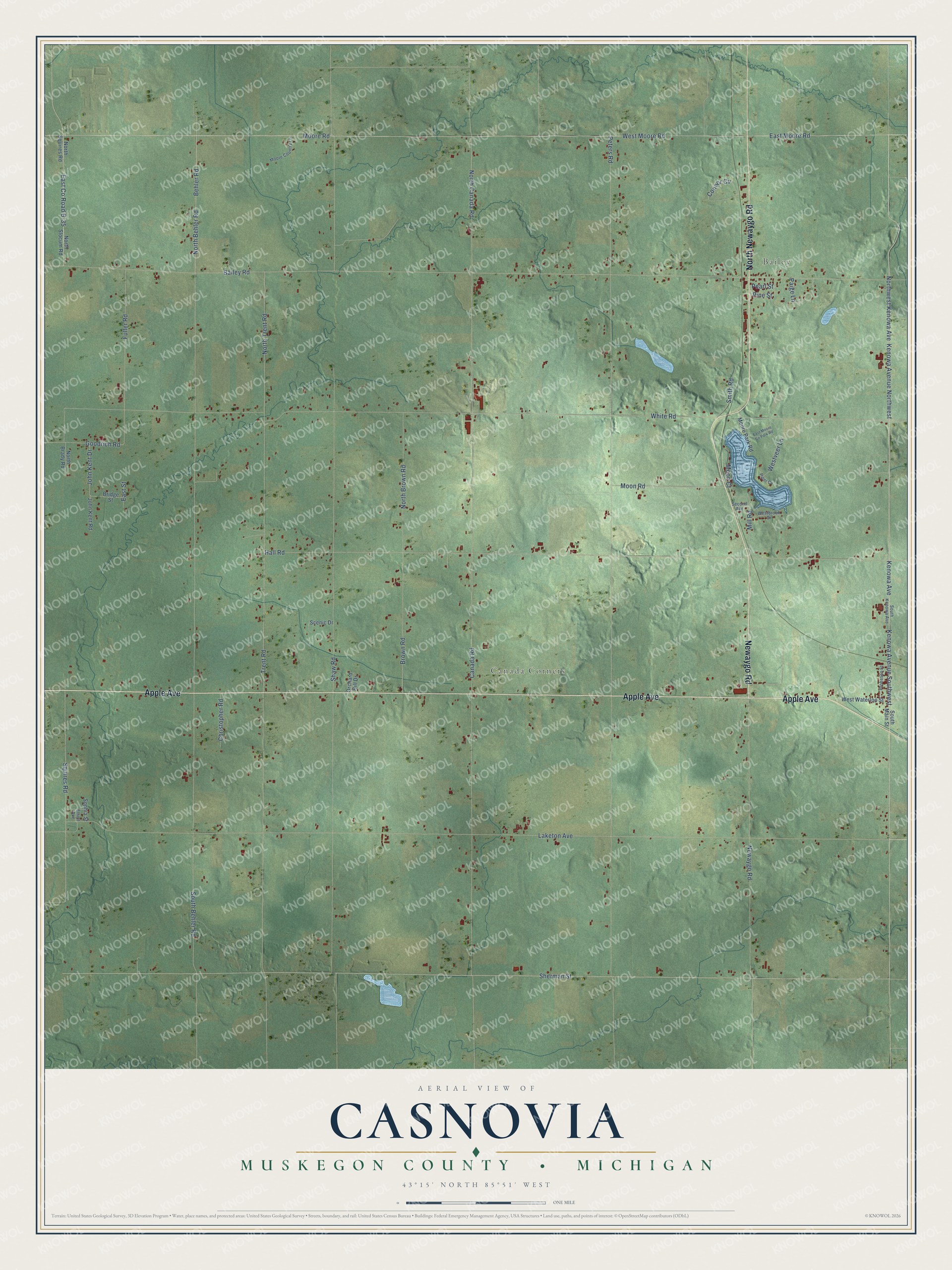 Full map of Casnovia, Michigan, with red buildings, printed street names and the land around them
