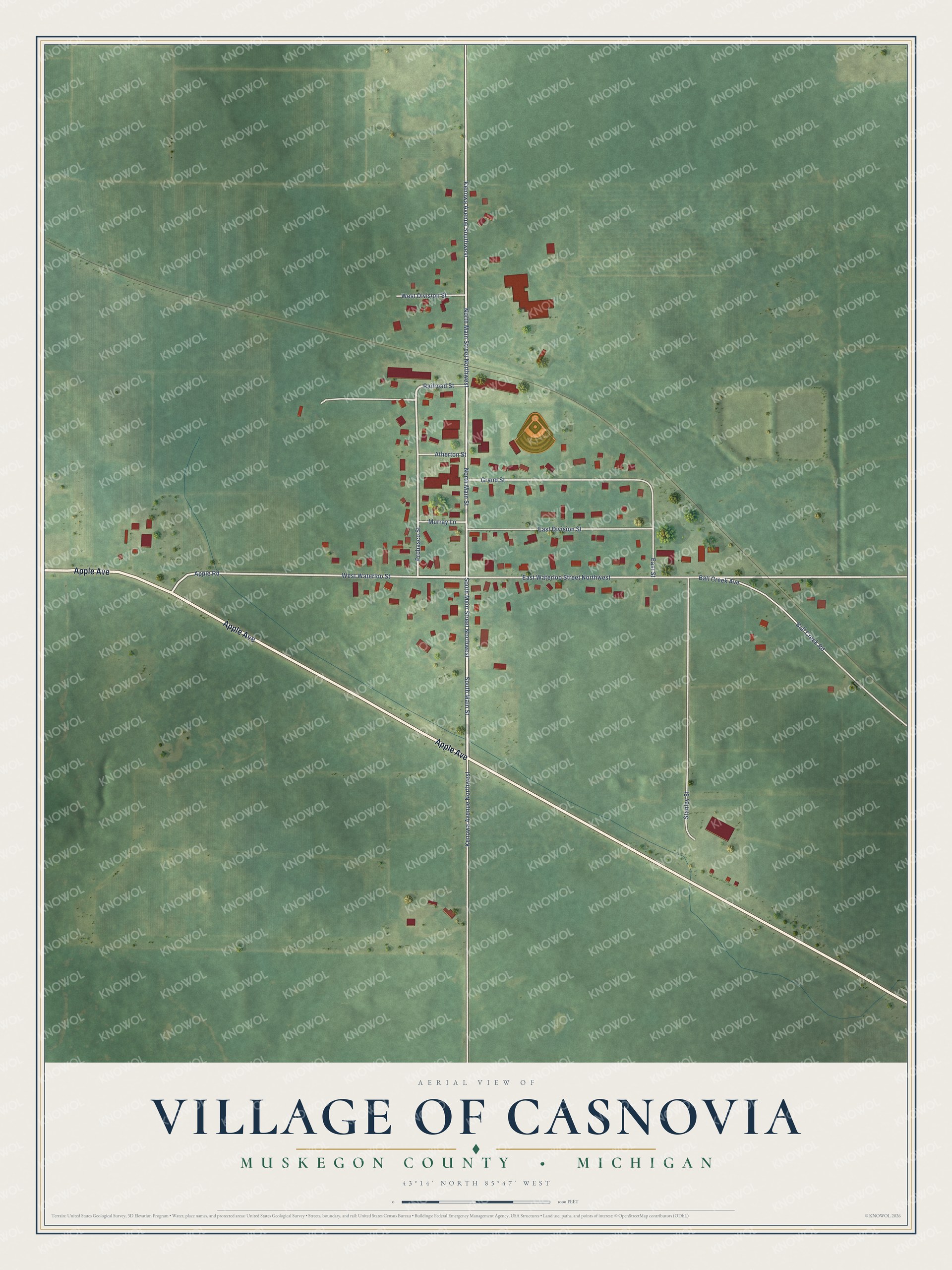Full map of Casnovia, Michigan, with red buildings, printed street names and the land around them