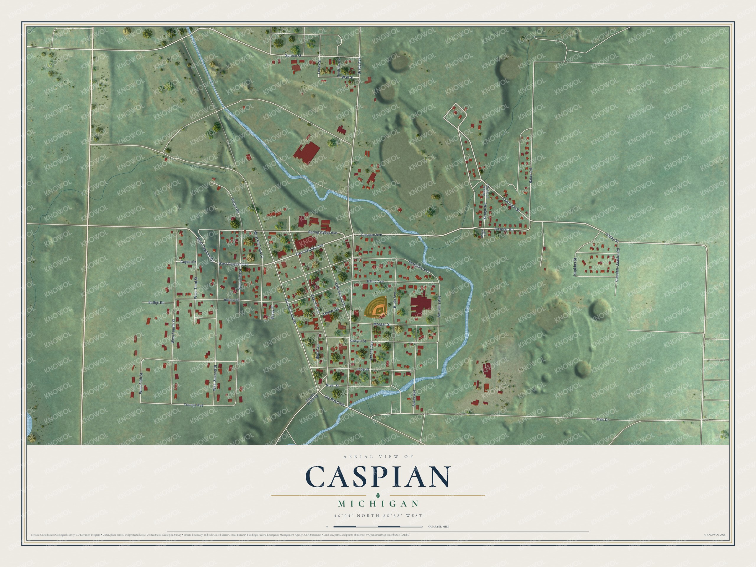 Full map of Caspian, Michigan, with red buildings, printed street names and the land around them