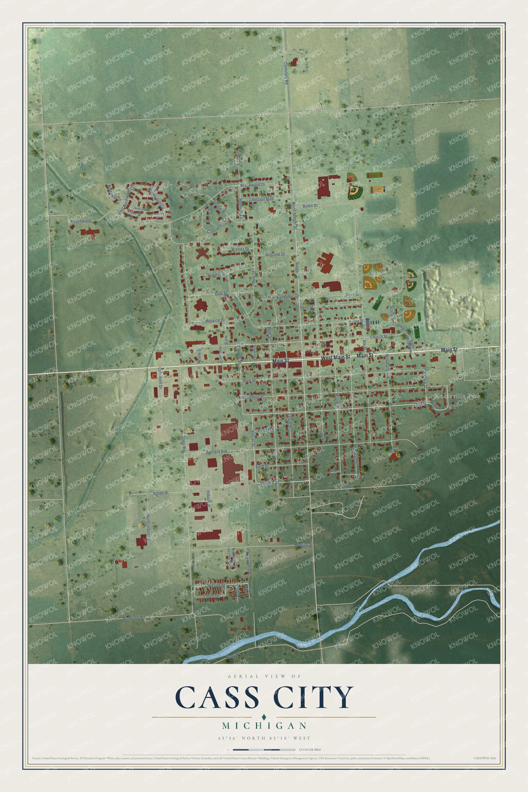 Full map of Cass City, Michigan, with red buildings, printed street names and the land around them