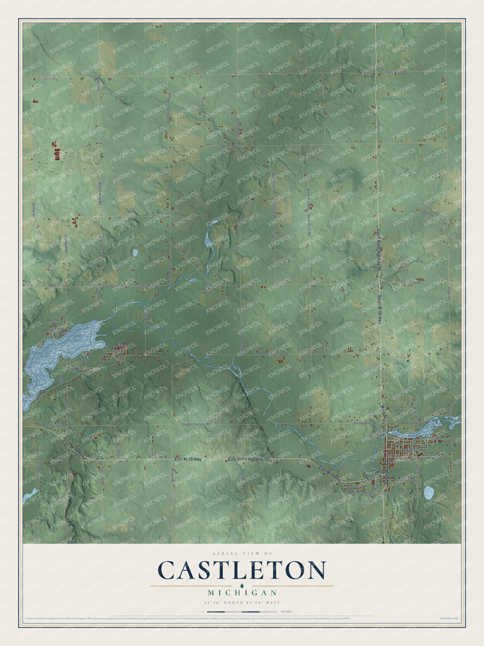 Full map of Castleton, Michigan, with red buildings, printed street names and the land around them