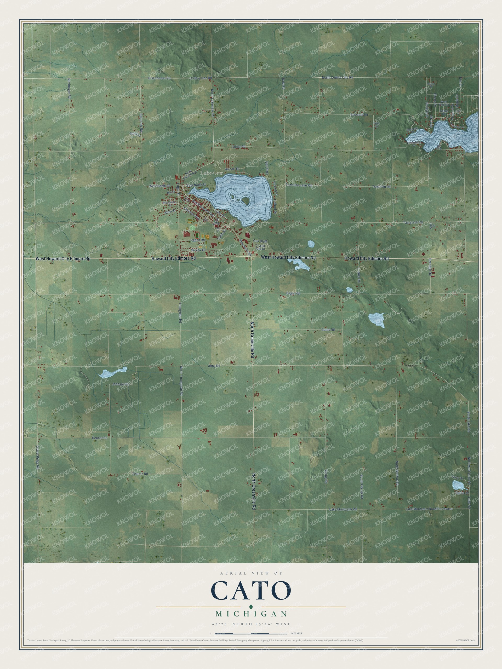Full map of Cato, Michigan, with red buildings, printed street names and the land around them