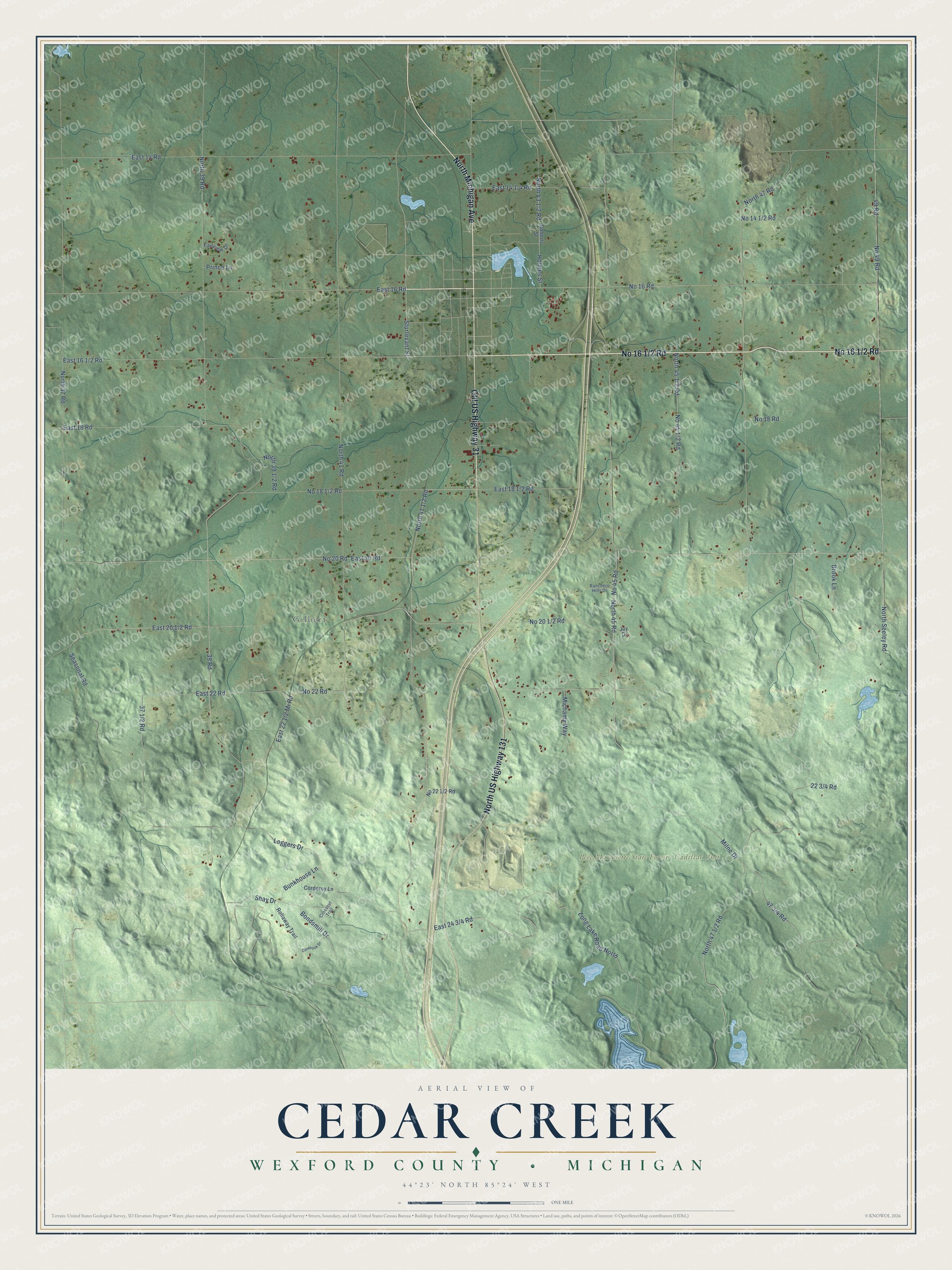 Full map of Cedar Creek, Michigan, with red buildings, printed street names and the land around them