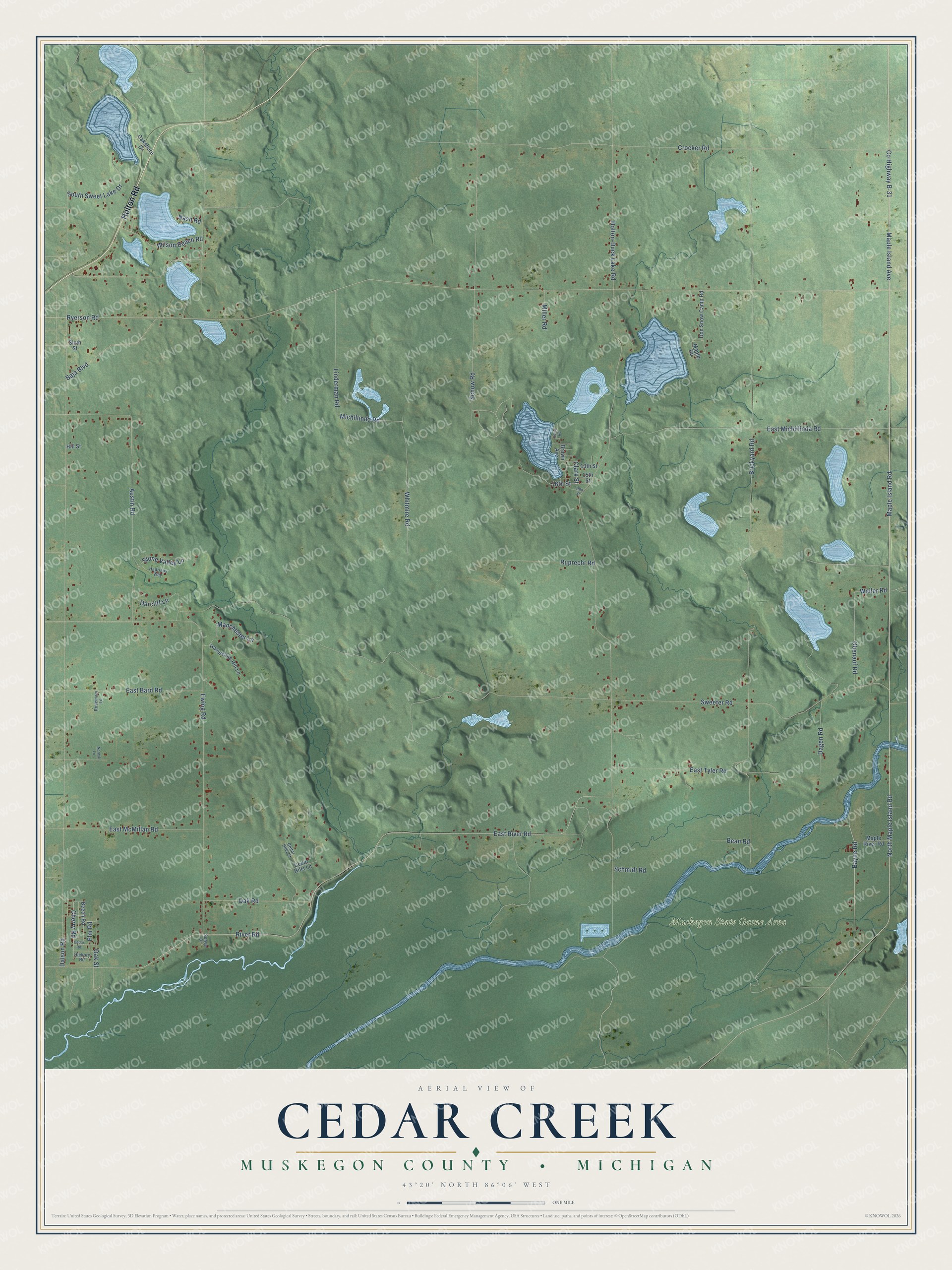 Full map of Cedar Creek, Michigan, with red buildings, printed street names and the land around them