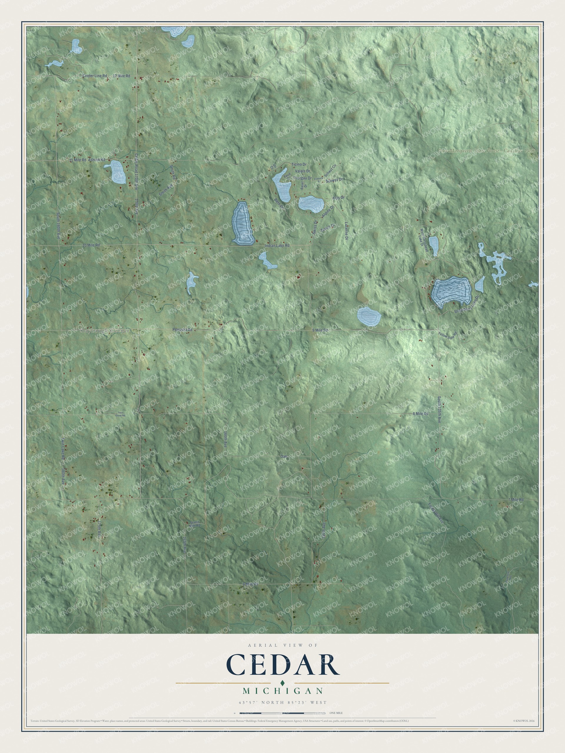 Full map of Cedar, Michigan, with red buildings, printed street names and the land around them