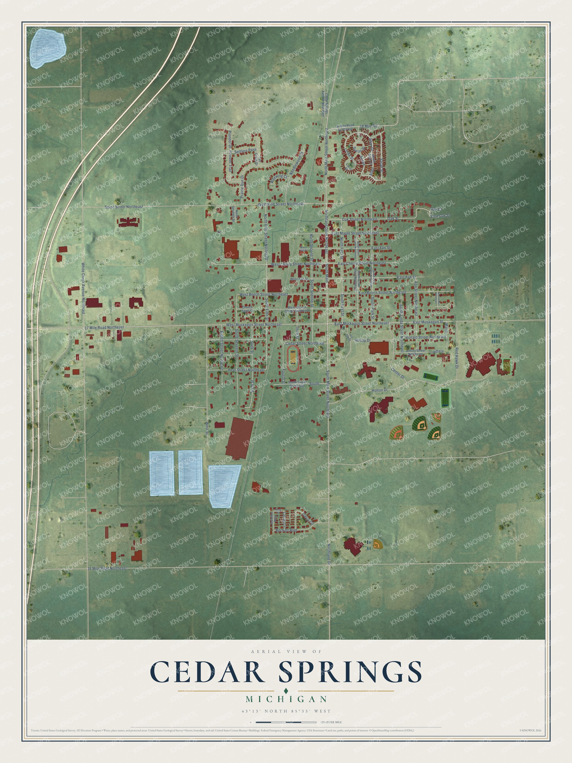 Full map of Cedar Springs, Michigan, with red buildings, printed street names and the land around them