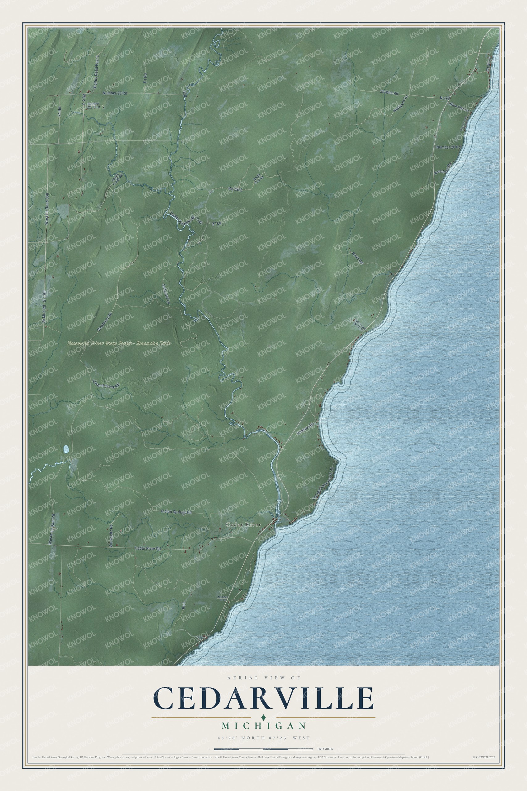 Full map of Cedarville, Michigan, with red buildings, printed street names and the land around them