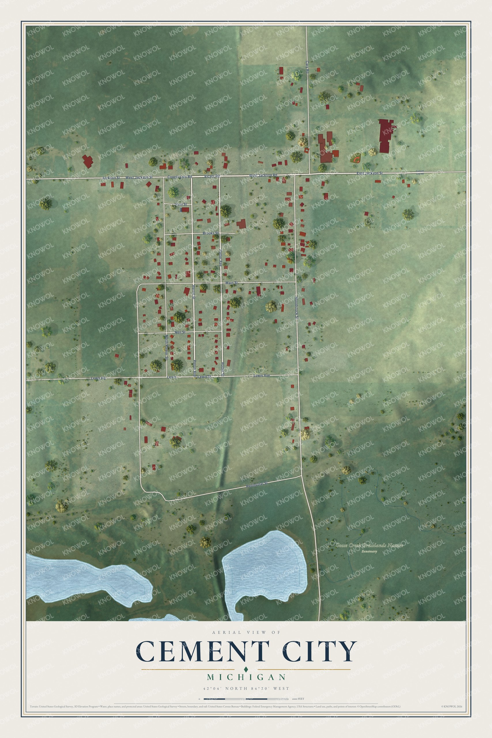 Full map of Cement City, Michigan, with red buildings, printed street names and the land around them