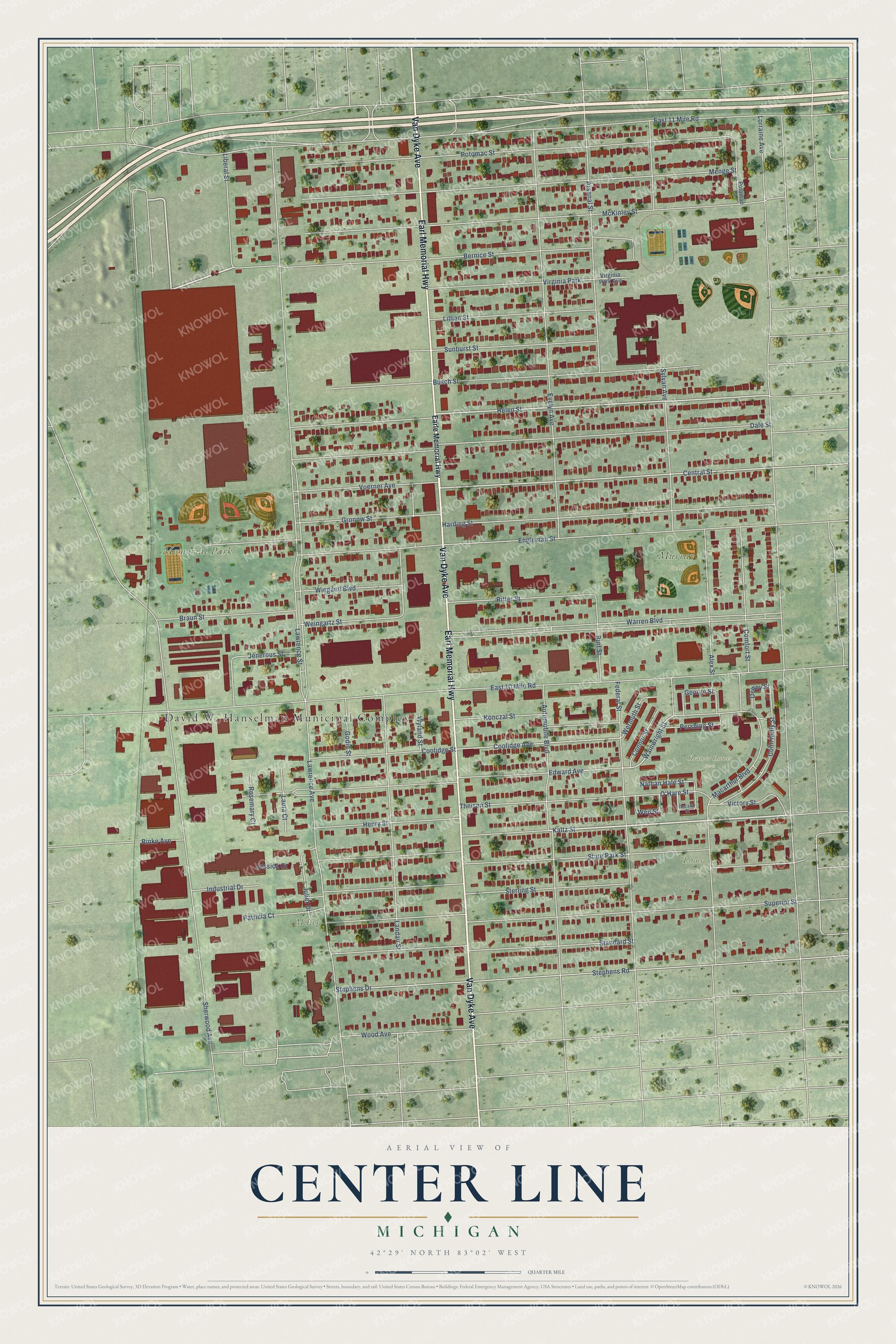 Full map of Center Line, Michigan, with red buildings, printed street names and the land around them