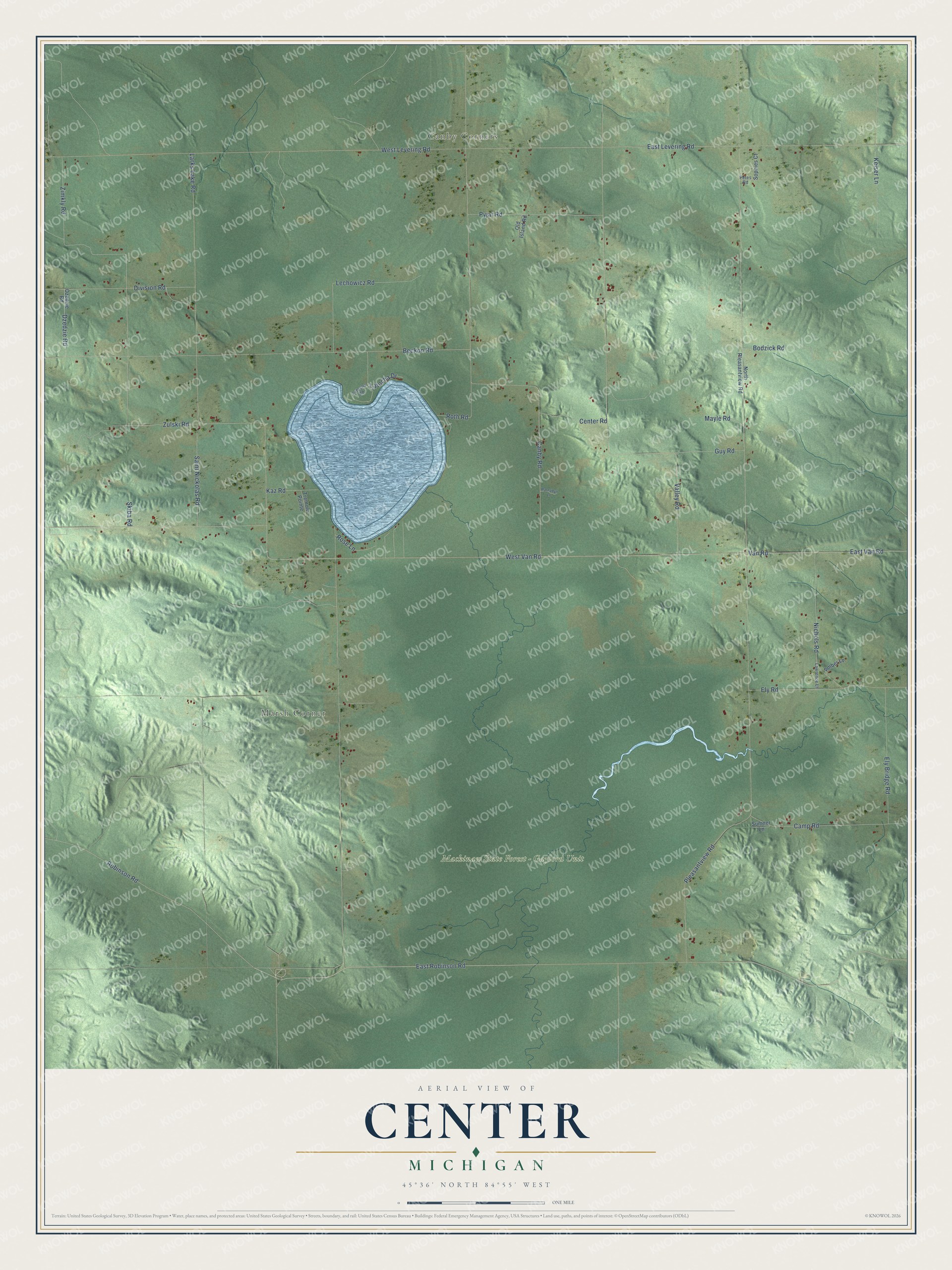 Full map of Center, Michigan, with red buildings, printed street names and the land around them
