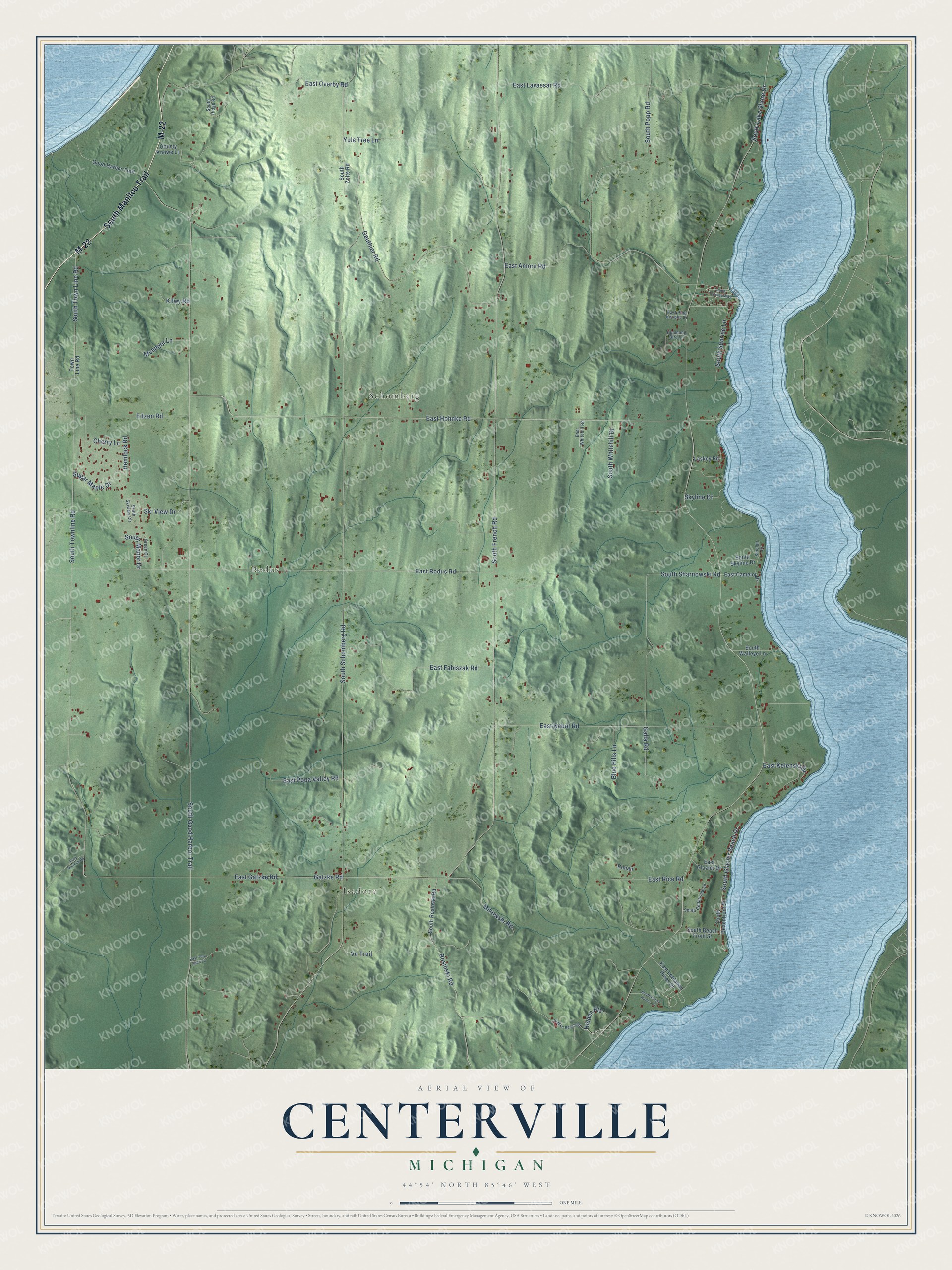 Full map of Centerville, Michigan, with red buildings, printed street names and the land around them
