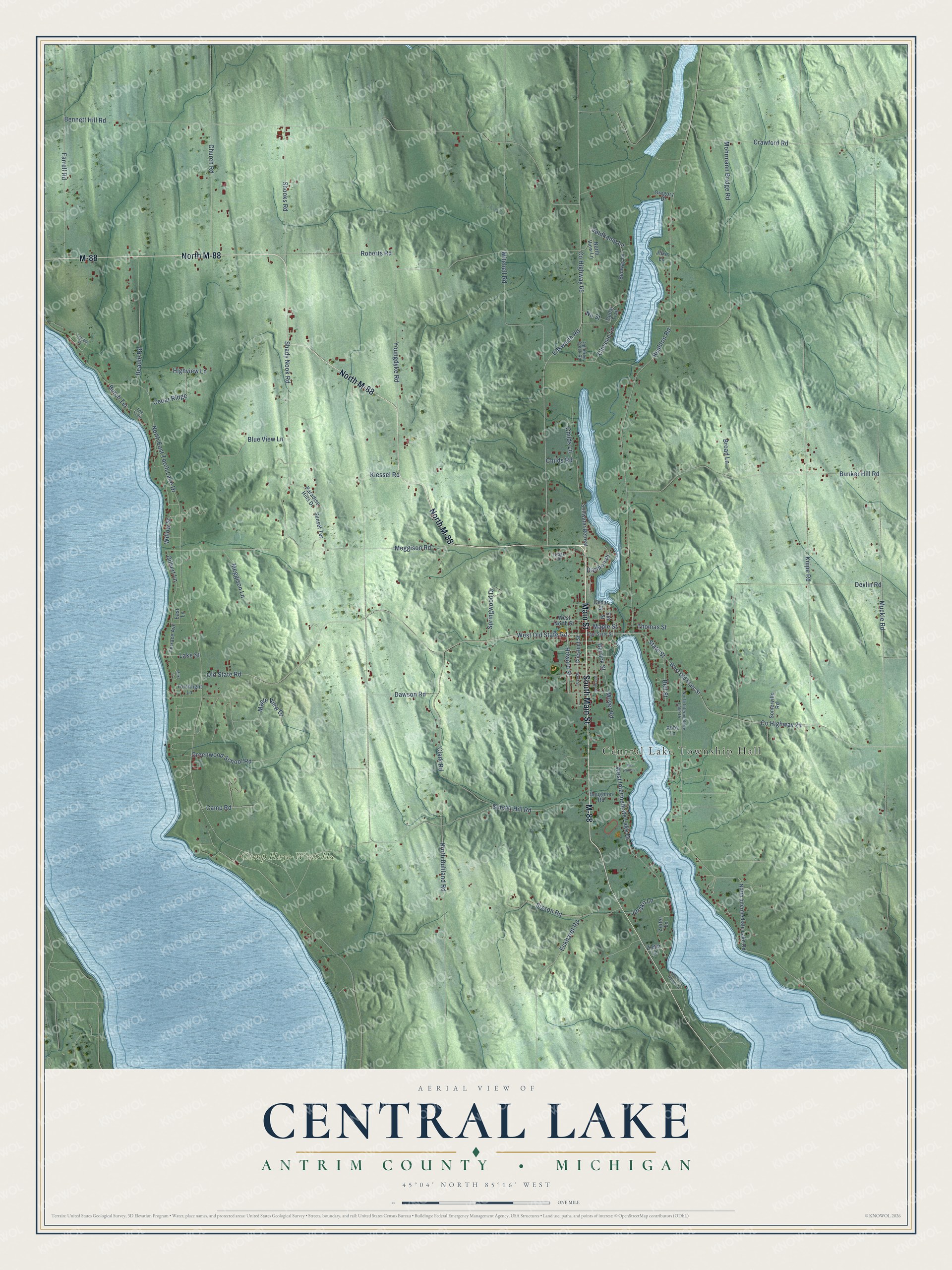Full map of Central Lake, Michigan, with red buildings, printed street names and the land around them