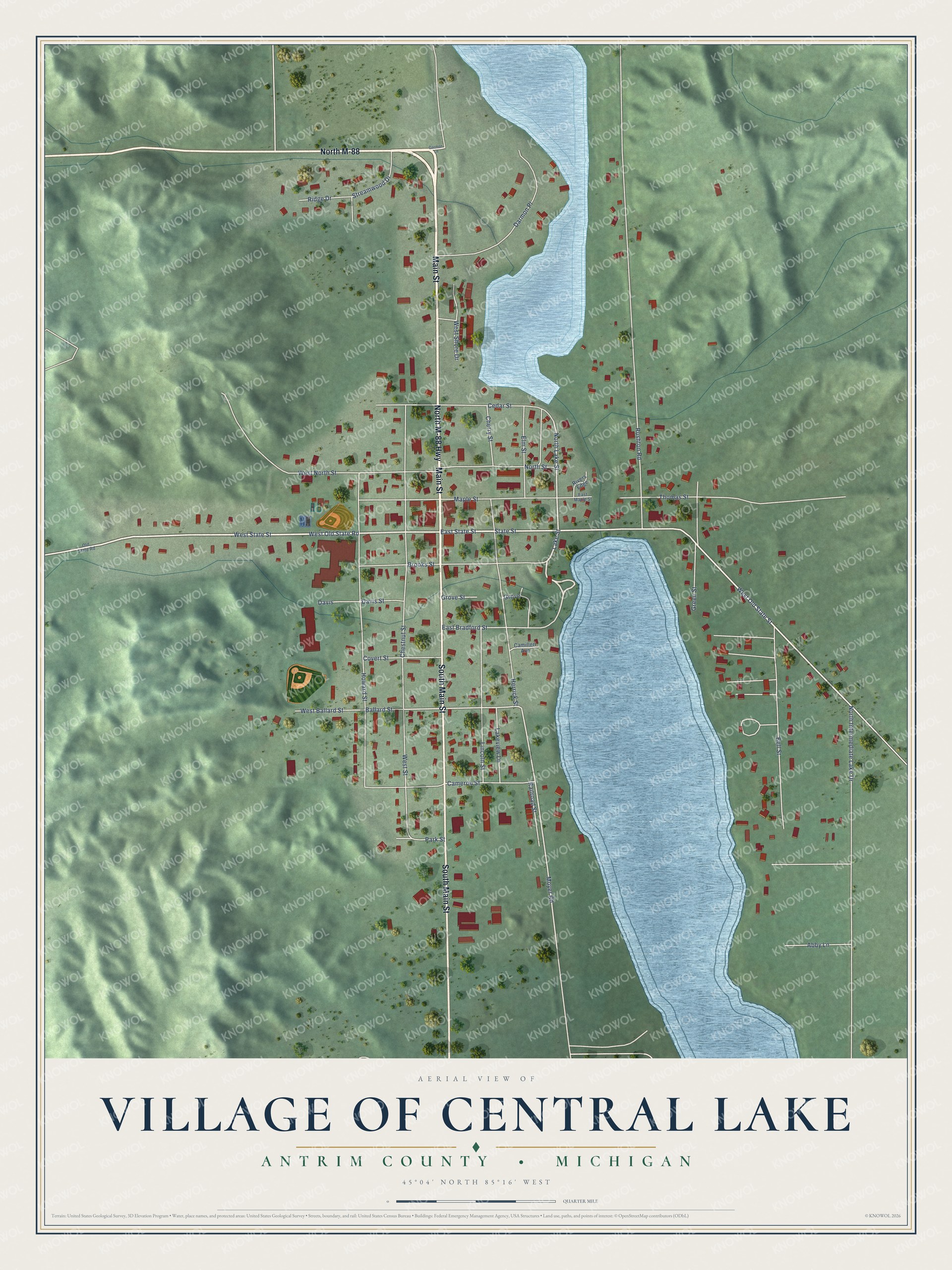 Full map of Central Lake, Michigan, with red buildings, printed street names and the land around them