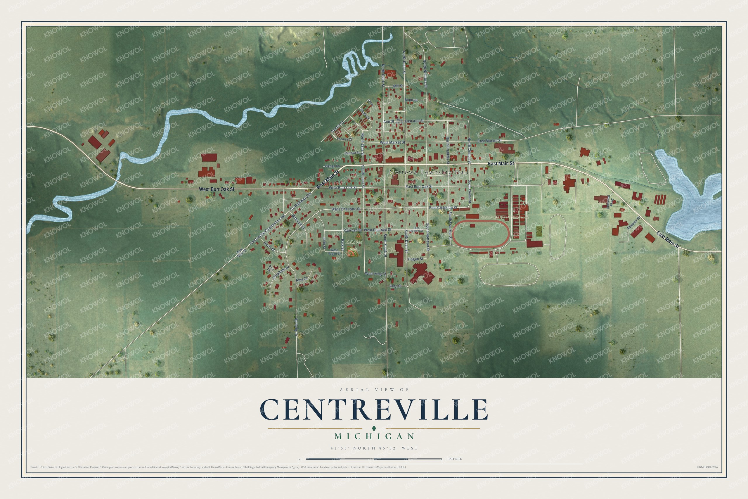 Full map of Centreville, Michigan, with red buildings, printed street names and the land around them