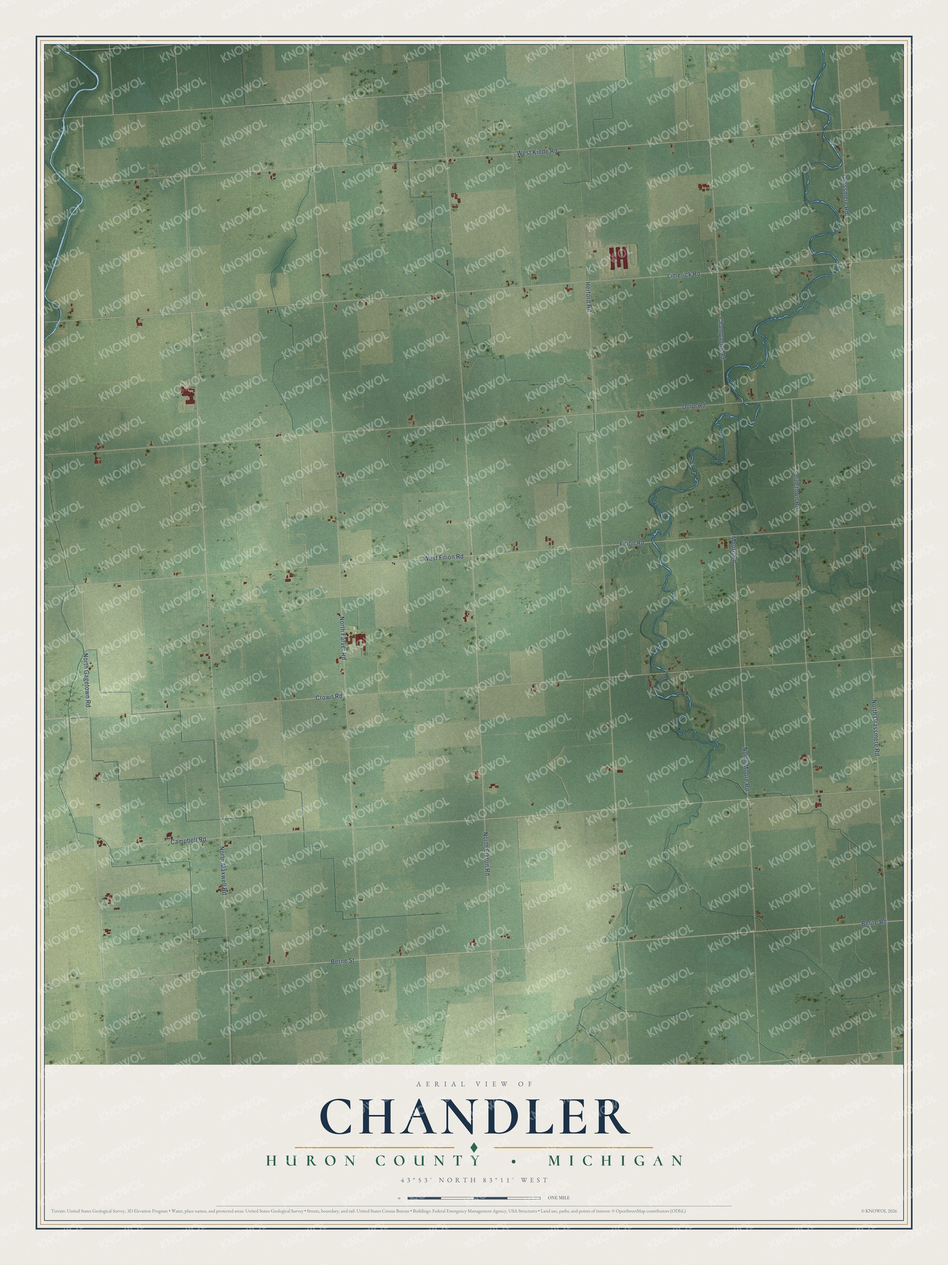 Full map of Chandler, Michigan, with red buildings, printed street names and the land around them