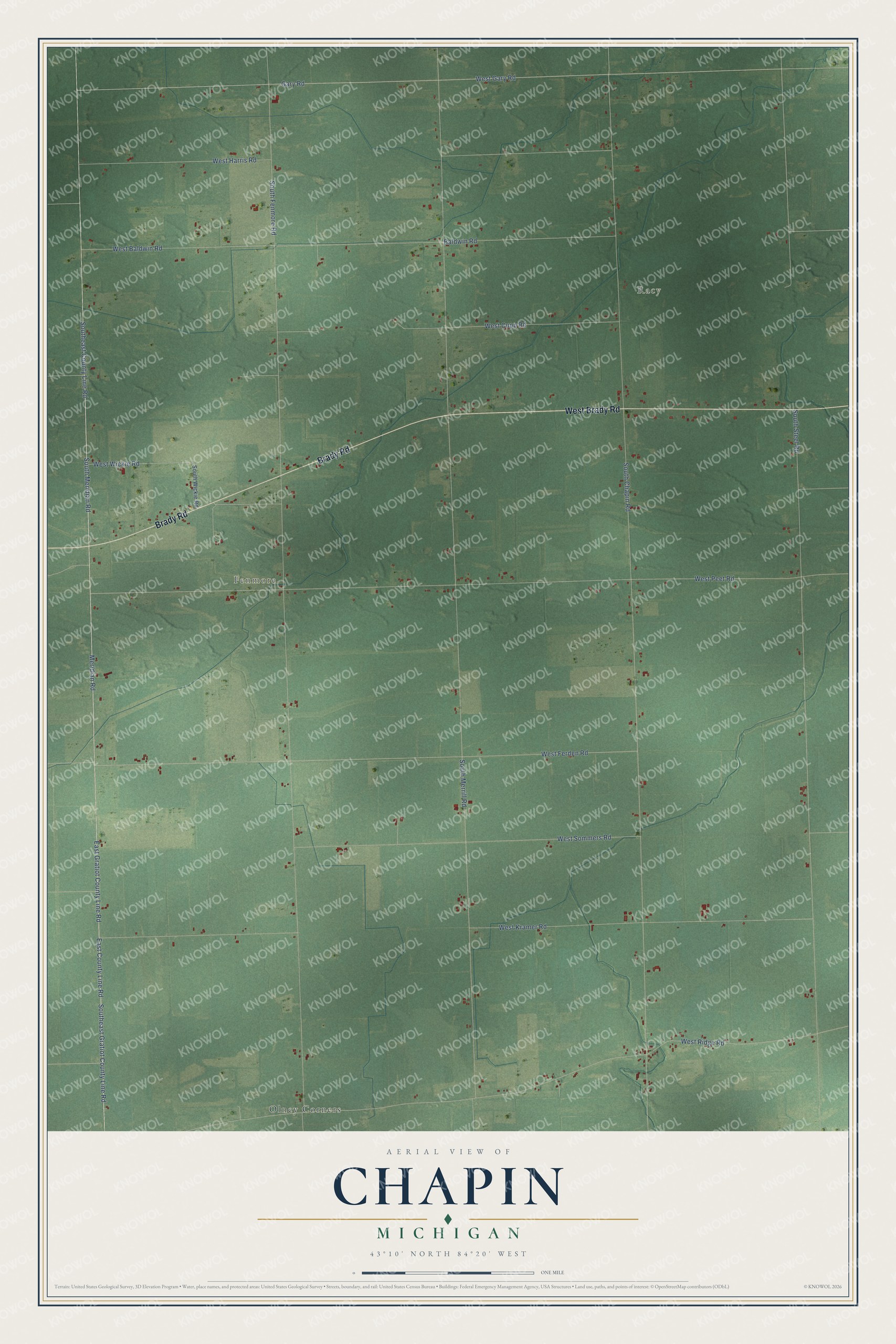 Full map of Chapin, Michigan, with red buildings, printed street names and the land around them