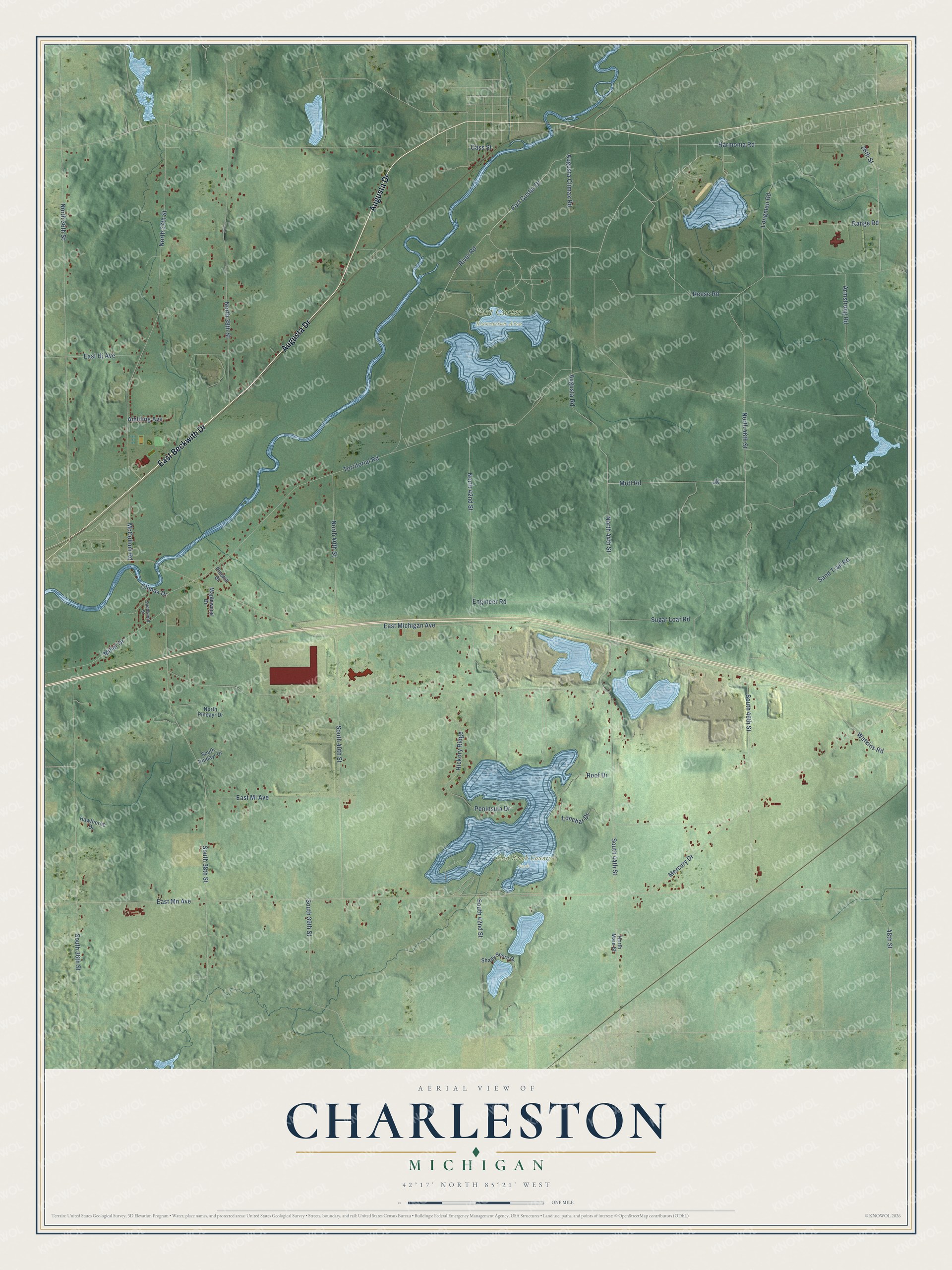 Full map of Charleston, Michigan, with red buildings, printed street names and the land around them